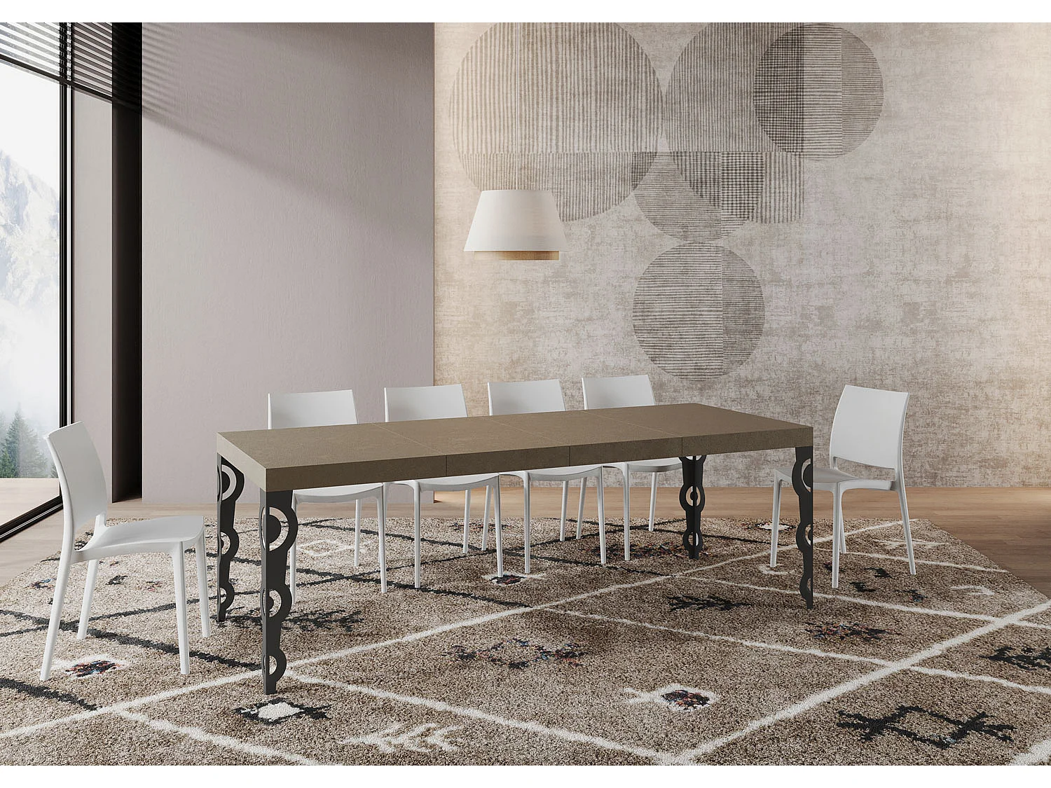 Mesa extensible Karamay Premium 120/380x90 cm en gris tórtola con patas antracita