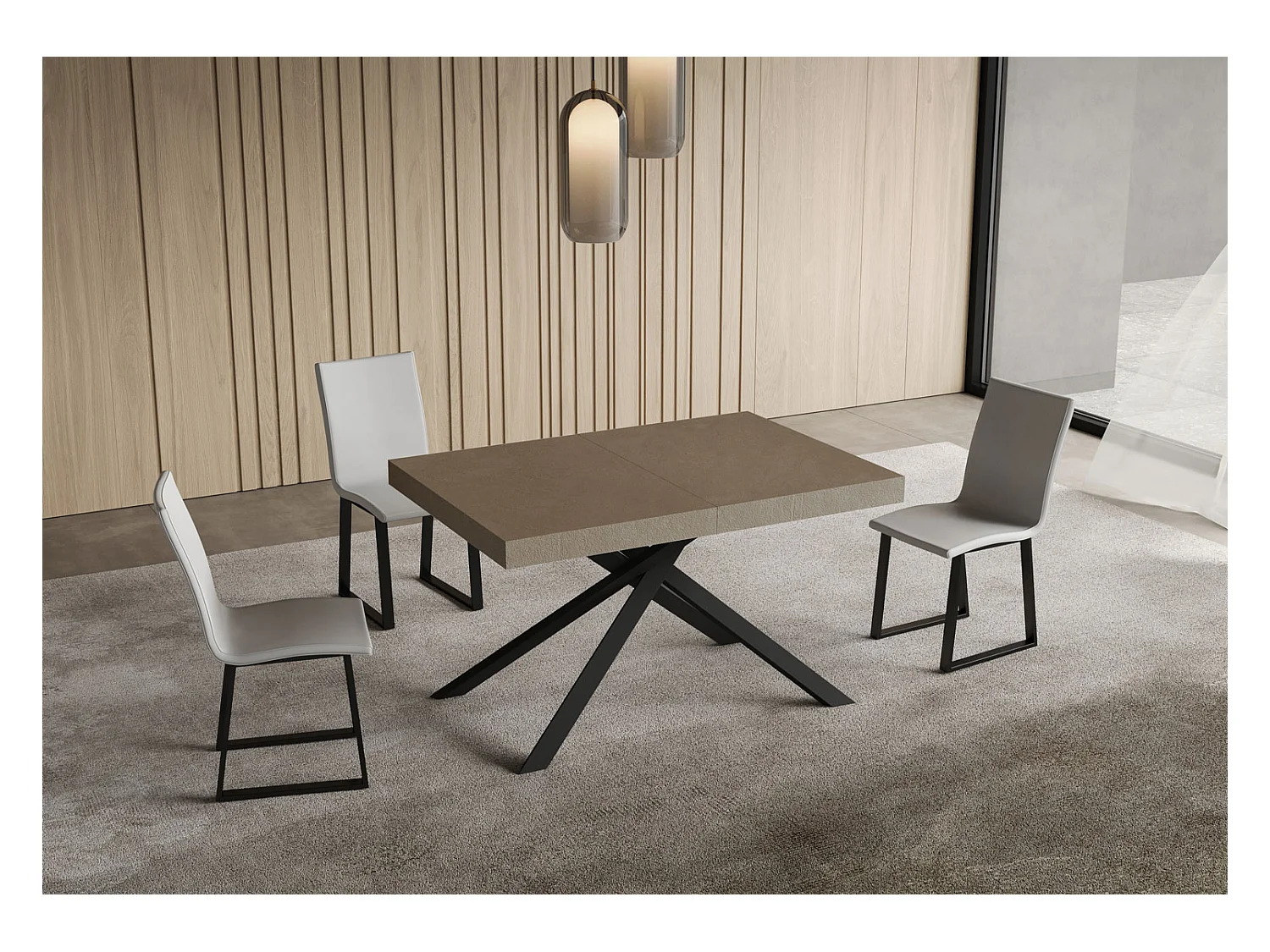 Niket taubengrauer ausziehbarer Tisch 120/204x80 cm mit anthrazitfarbenen Beinen