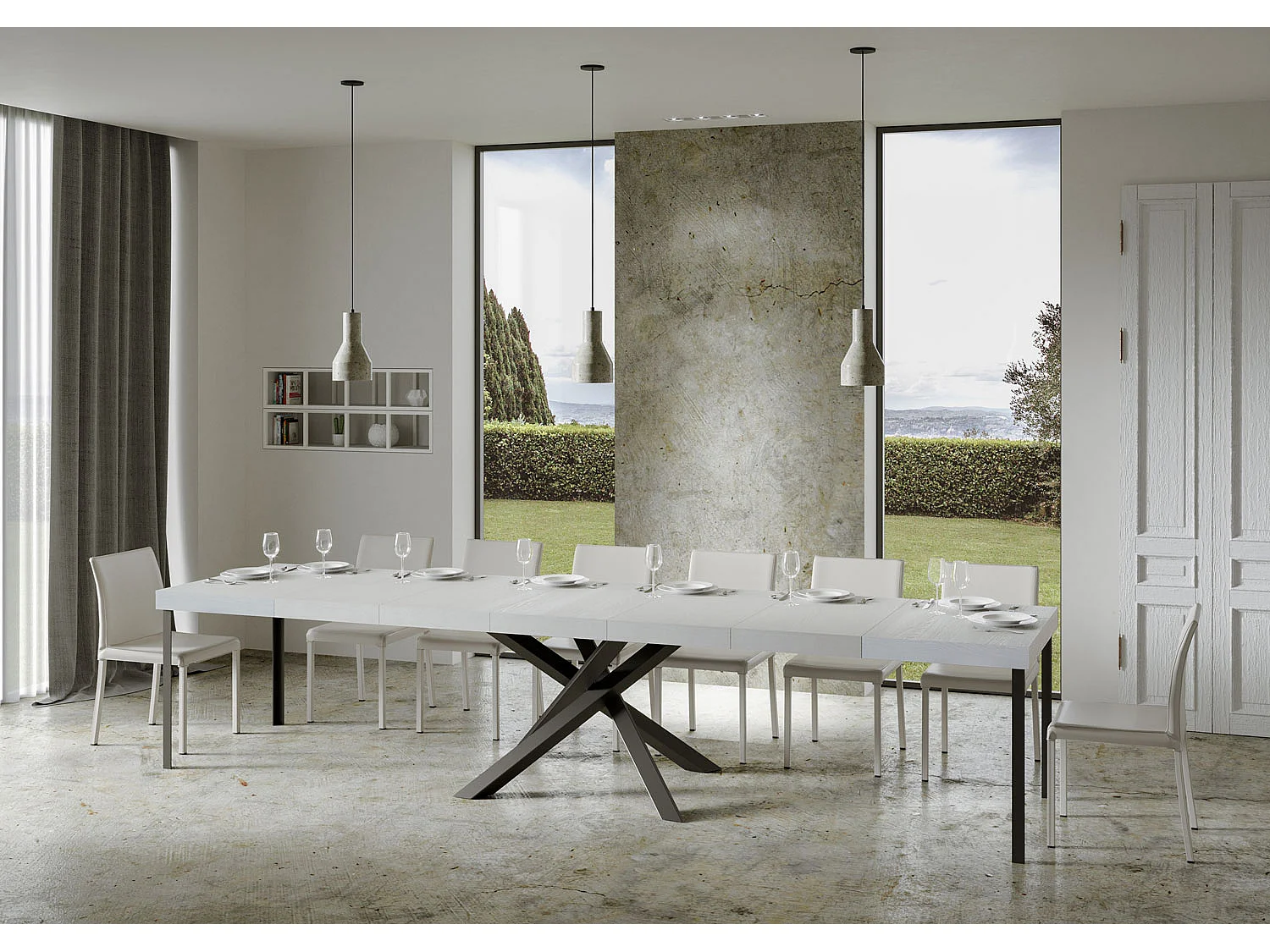 Table extensible Volantis Premium 120/380x90 cm frêne blanc pieds anthracite