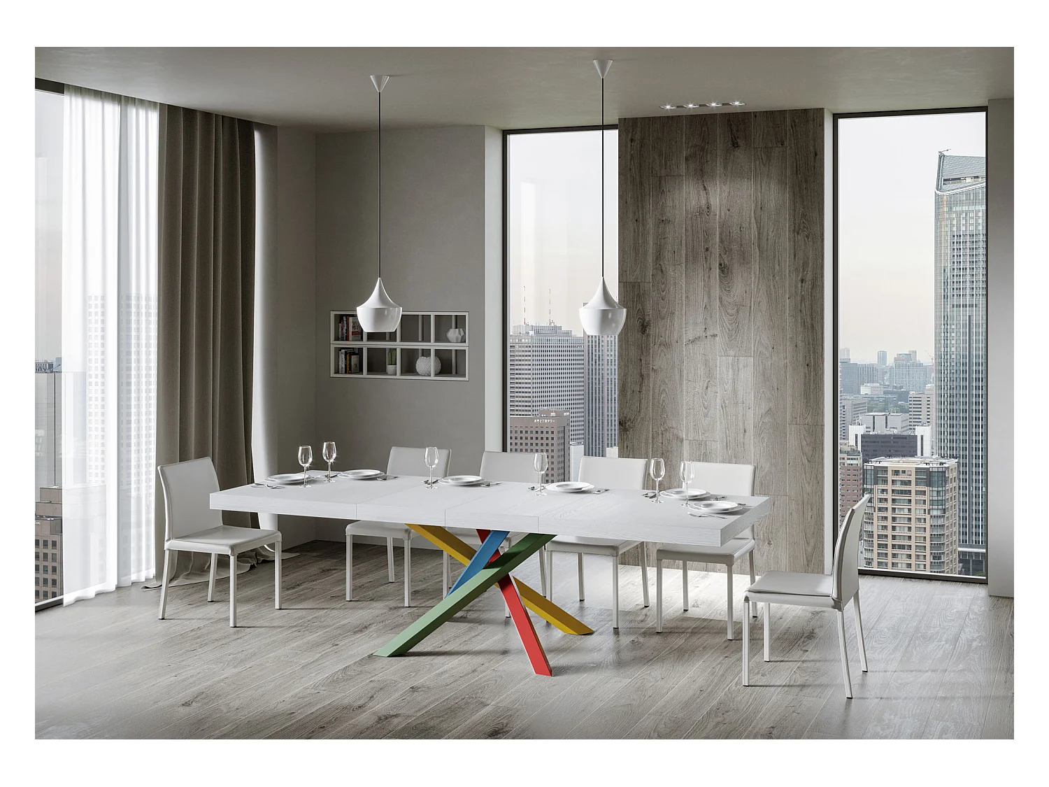 Table extensible 120/380x90 cm Volantis Premium frêne blanc pieds multicolores 4/B