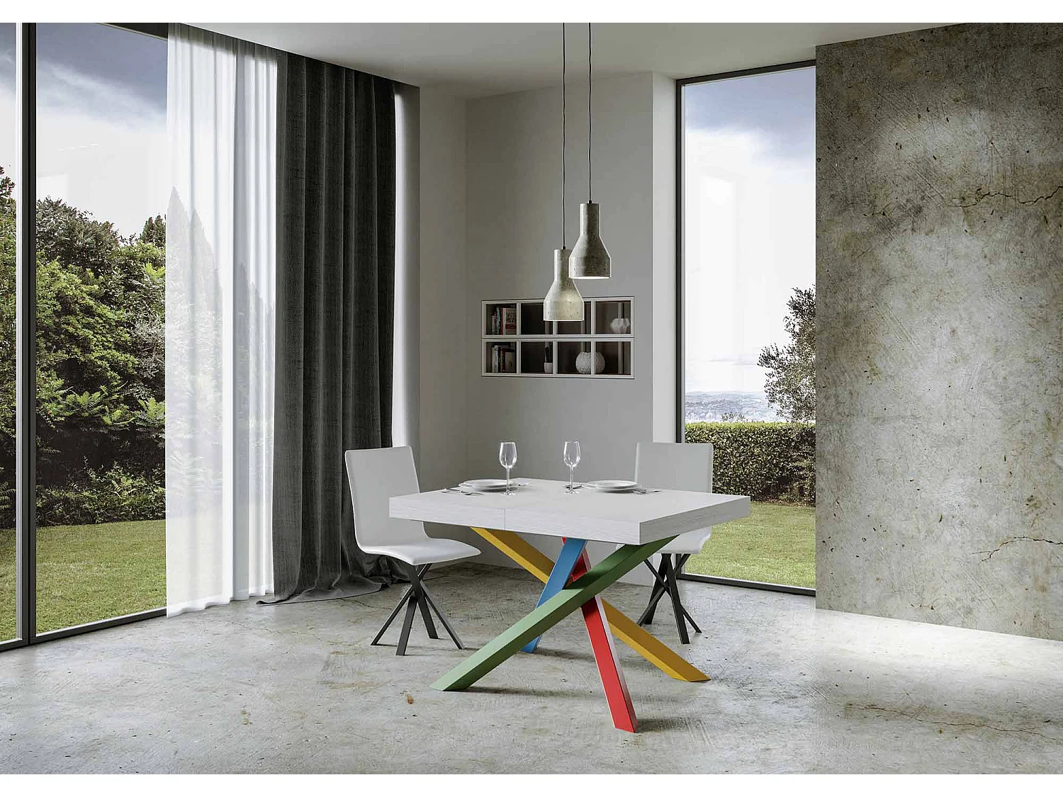 Udtræksbord 120/380x90 cm Volantis Premium hvid ask flerfarvede ben 4/B