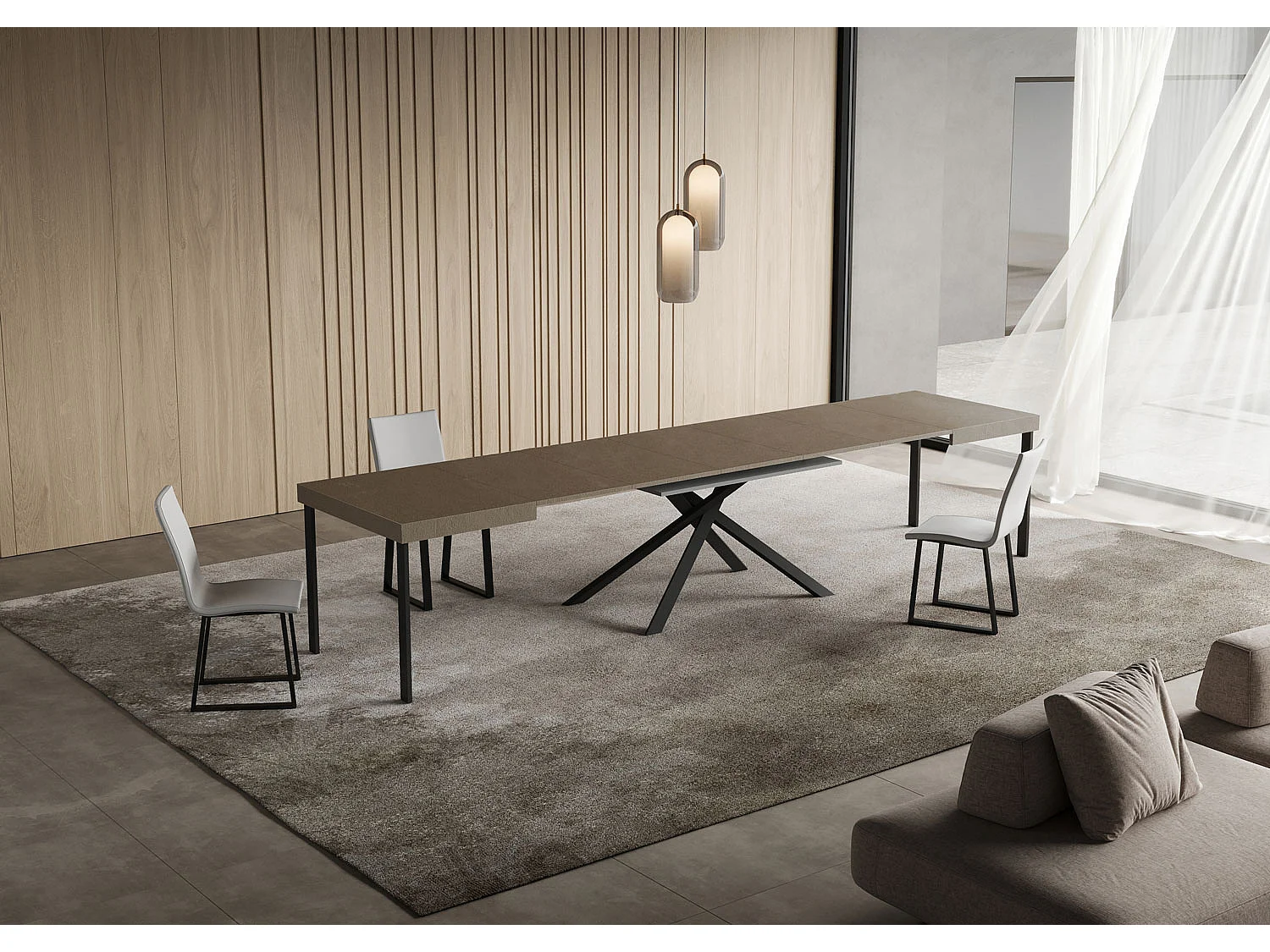 Niket duegråt udtræksbord 120/380x90 cm med antracitgrå ben