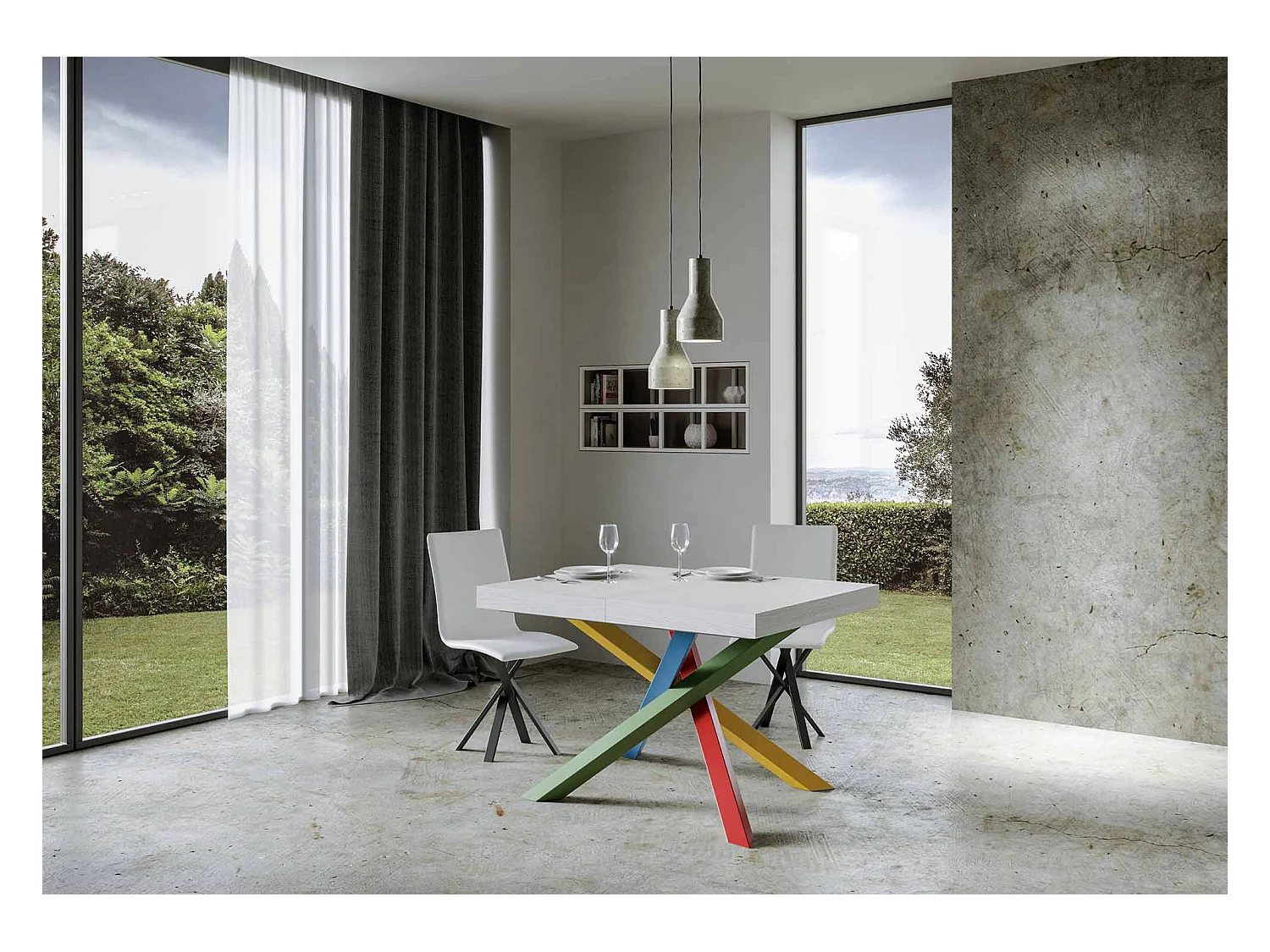 Table extensible 120/380x90 cm Volantis frêne blanc pieds multicolores 4/B