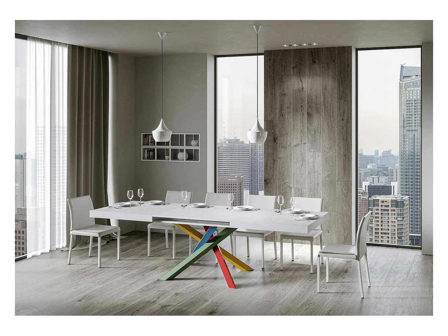Table extensible 120/380x90 cm Volantis frêne blanc pieds multicolores 4/B