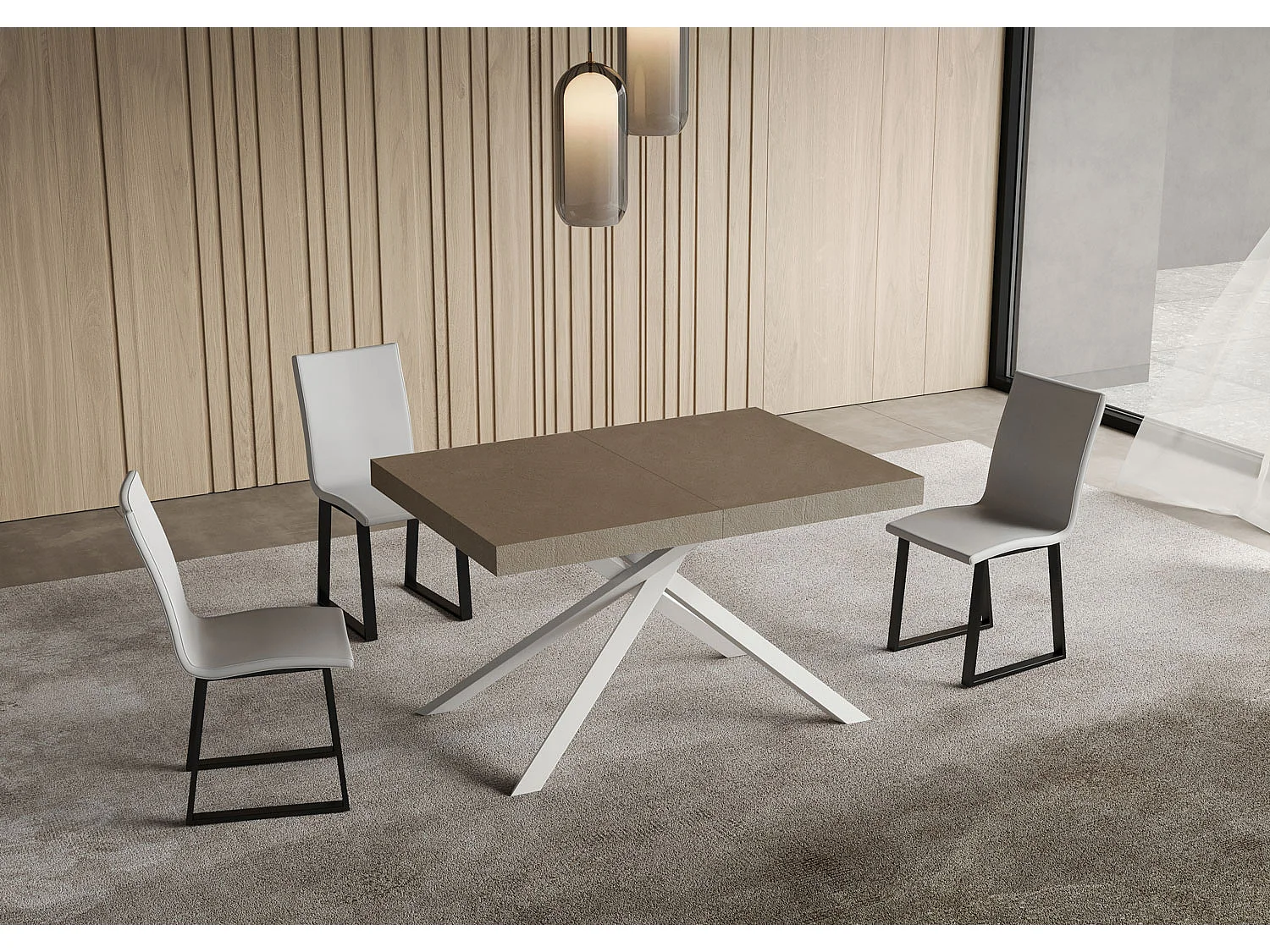 Niket duegråt udtræksbord 120/380x90 cm med hvide ben