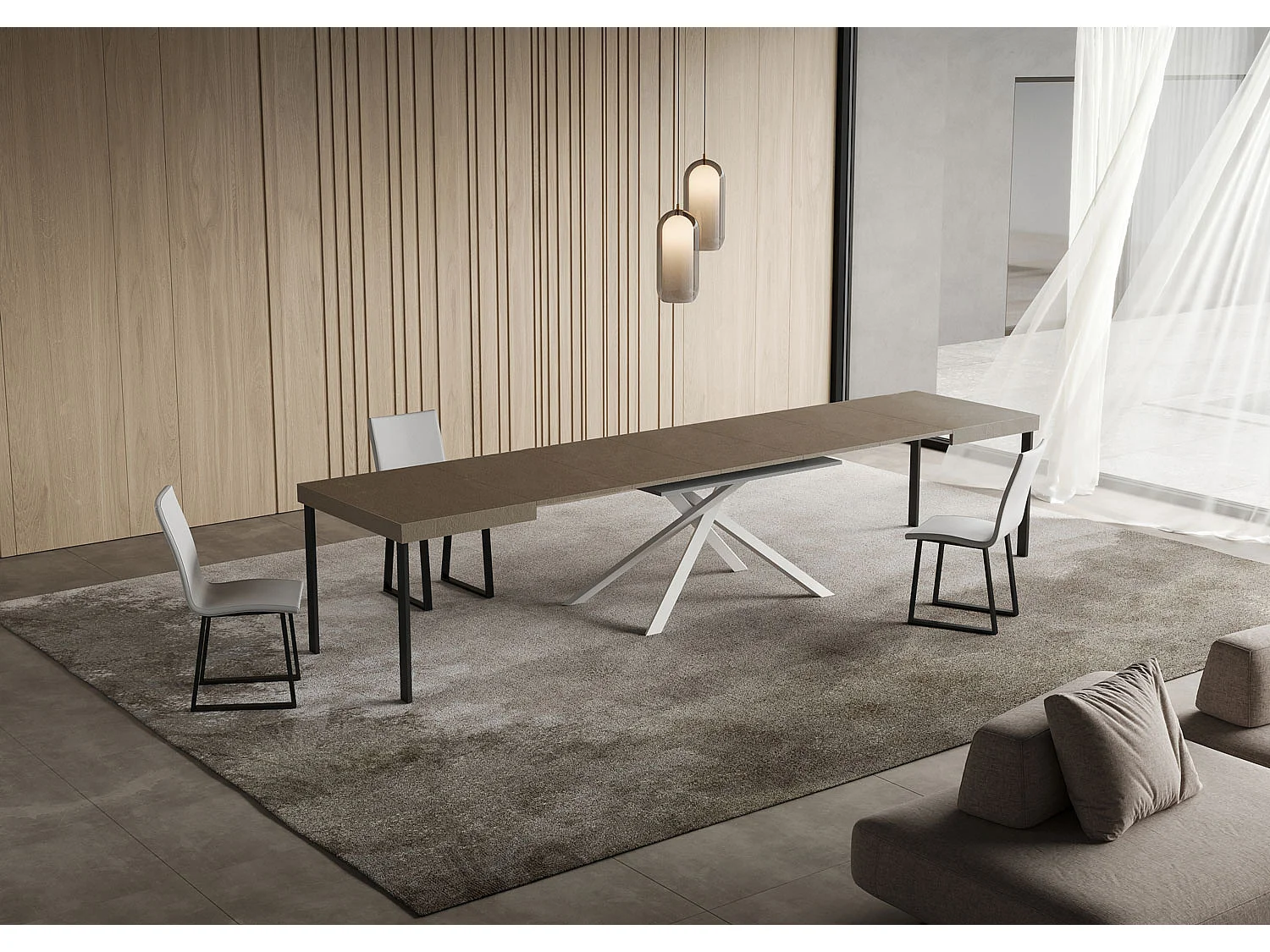 Niket duegråt udtræksbord 120/380x90 cm med hvide ben