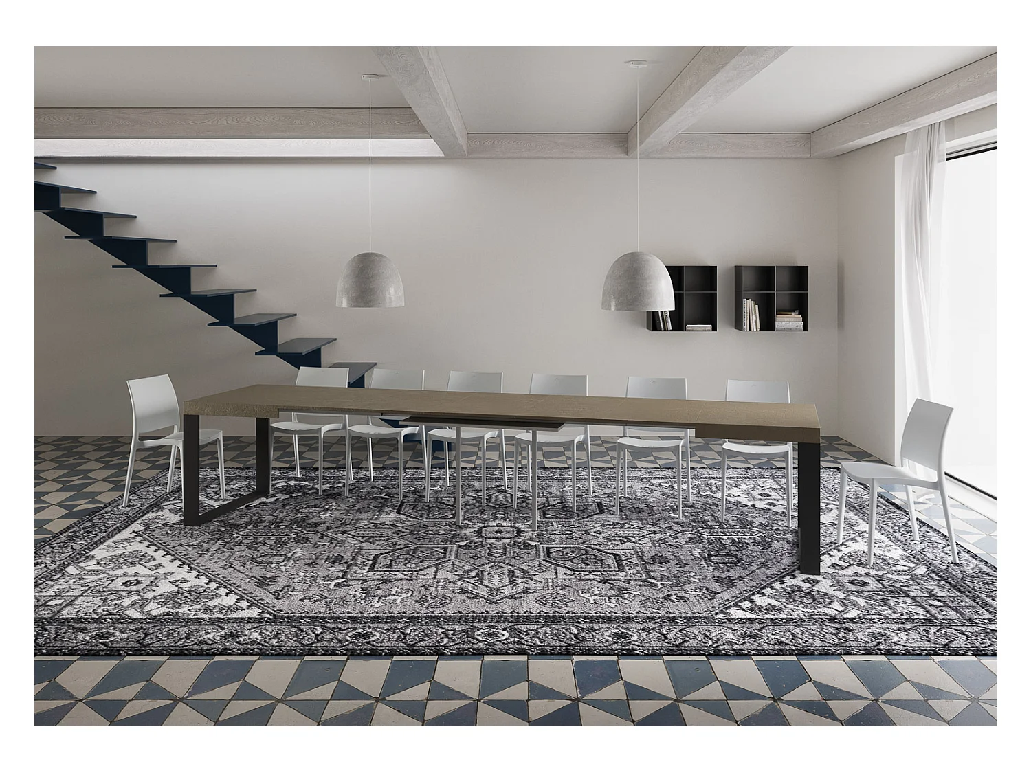 Stół rozkładany Tecno 120/380x90 cm, gołębia szarość, nogi antracytowe