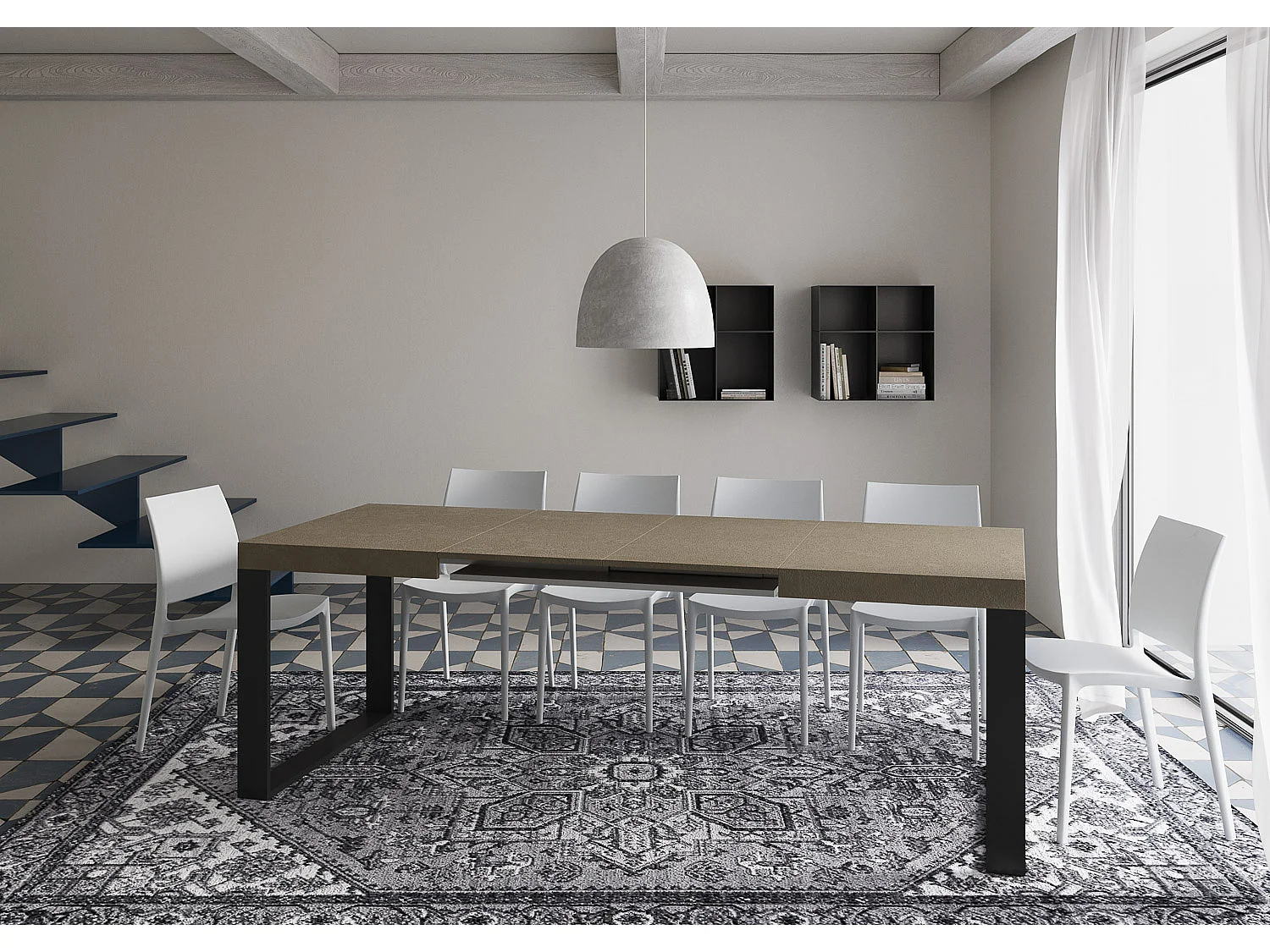 Table extensible Tecno 120/380x90 cm gris tourterelle avec pieds anthracite