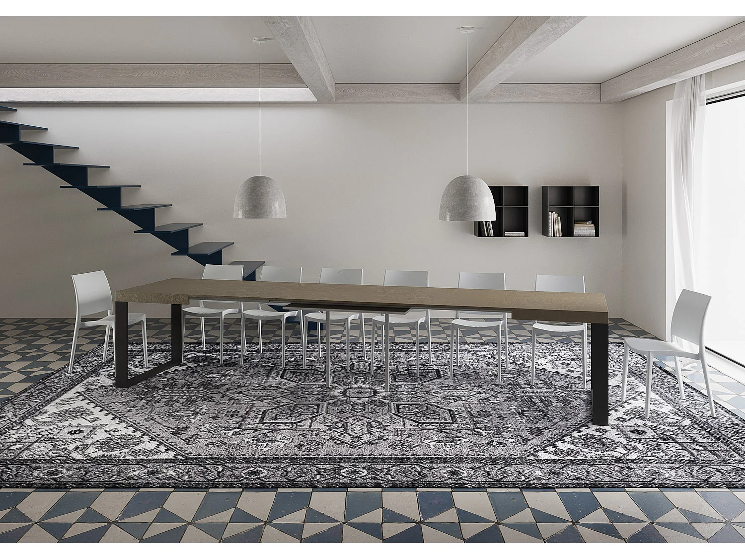 Table extensible Tecno 120/380x90 cm gris tourterelle avec pieds anthracite