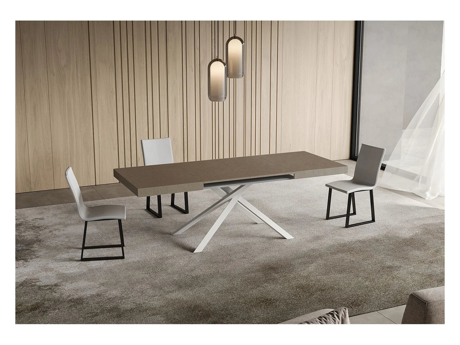 Niket taubengrauer ausziehbarer Tisch 140/224x80cm mit weißen Beinen