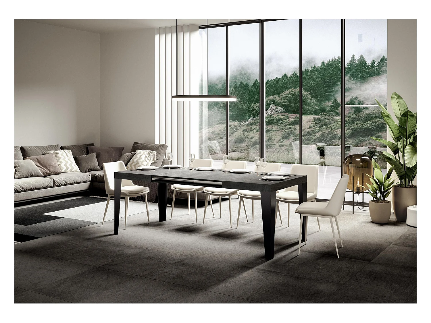 Uitschuifbare tafel 120/380x90 cm Vlambeton met antraciet poten