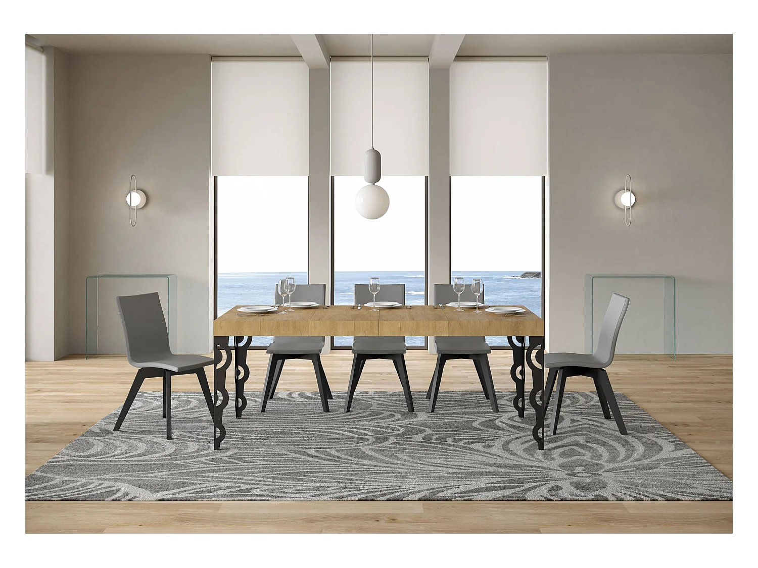 Karamay Premium uitschuifbare tafel 120/380x90 cm natuurlijk eiken met antraciet poten