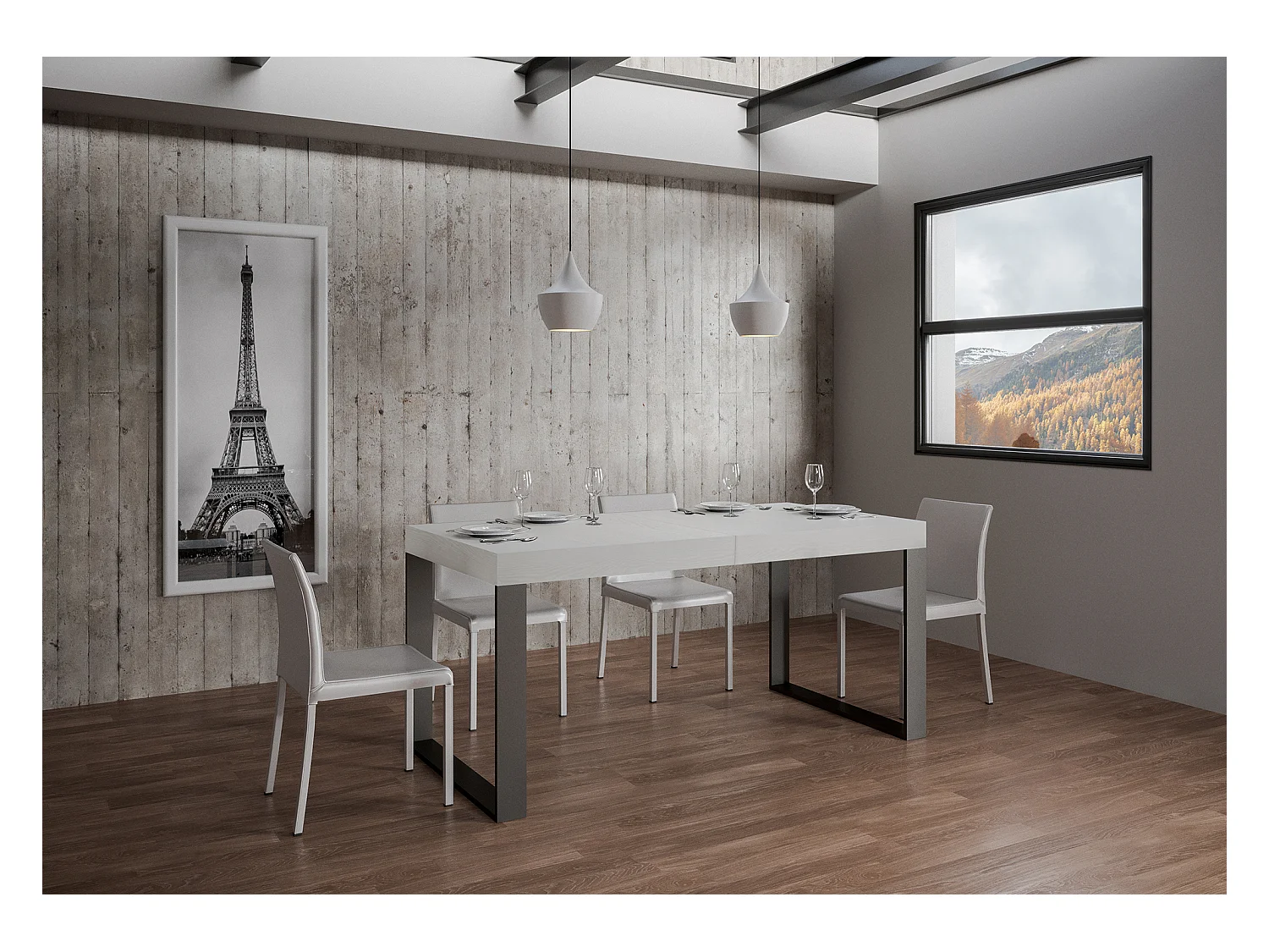 Table extensible 120/380x90 cm Tecno frêne blanc pieds anthracite