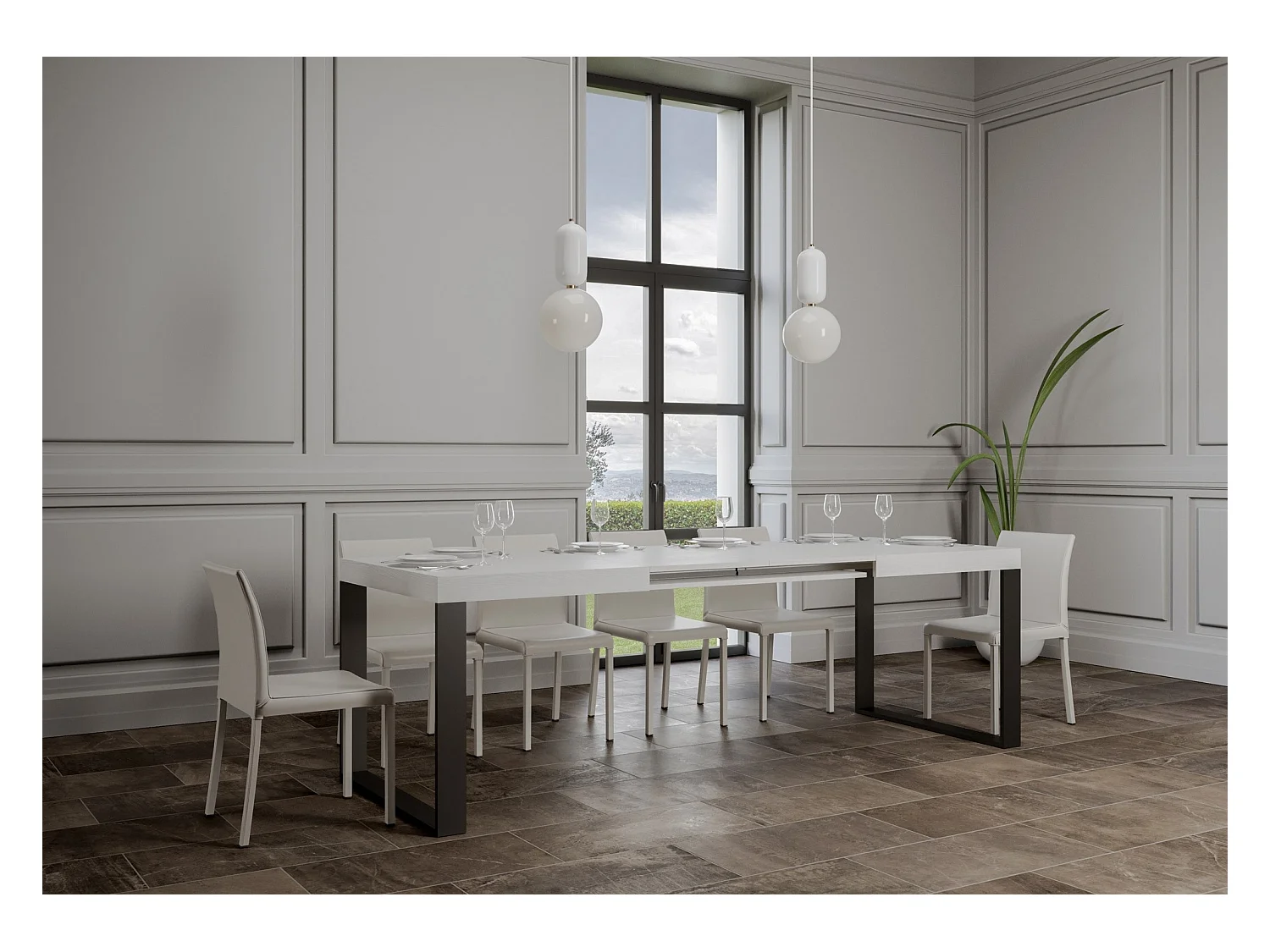 Table extensible 120/380x90 cm Tecno frêne blanc pieds anthracite