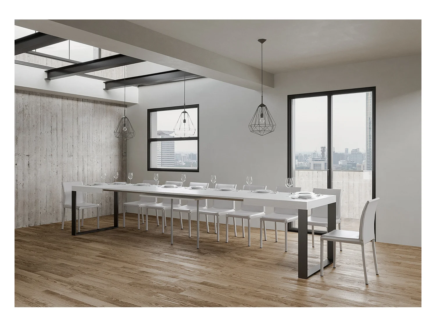 Table extensible 120/380x90 cm Tecno frêne blanc pieds anthracite