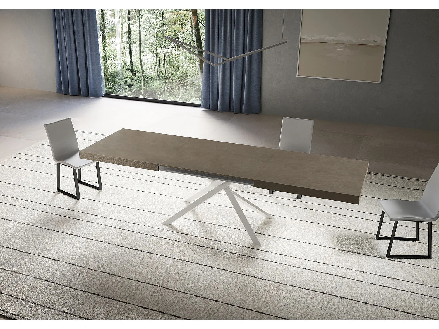 Niket taubengrauer ausziehbarer Tisch 200/460x90 cm mit weißen Beinen