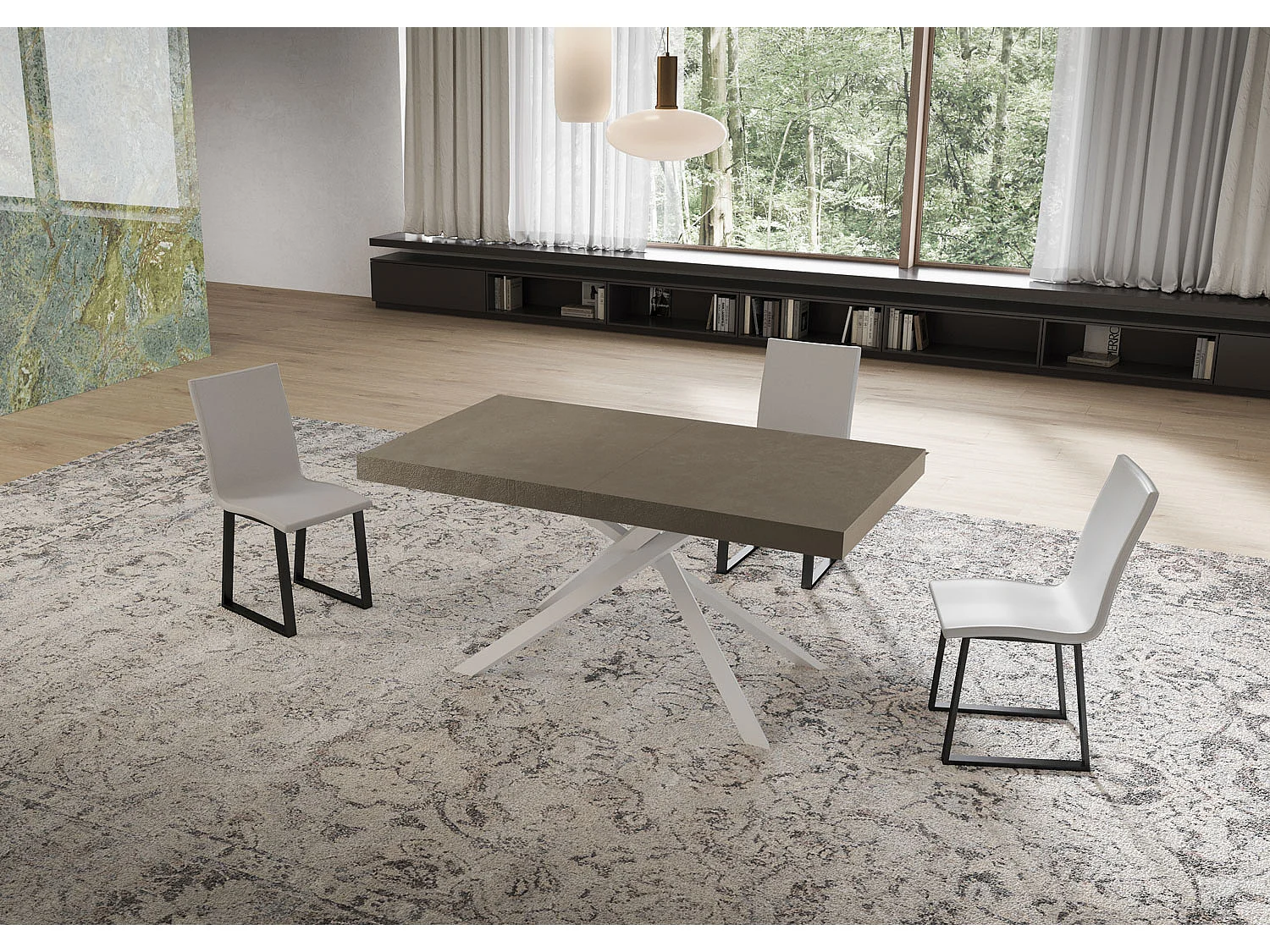 Niket duegråt udtræksbord 160/420x90 cm med hvide ben