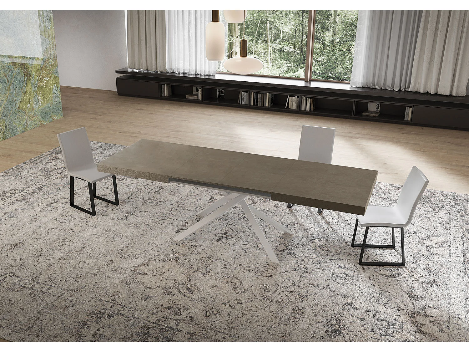 Niket duegråt udtræksbord 160/420x90 cm med hvide ben