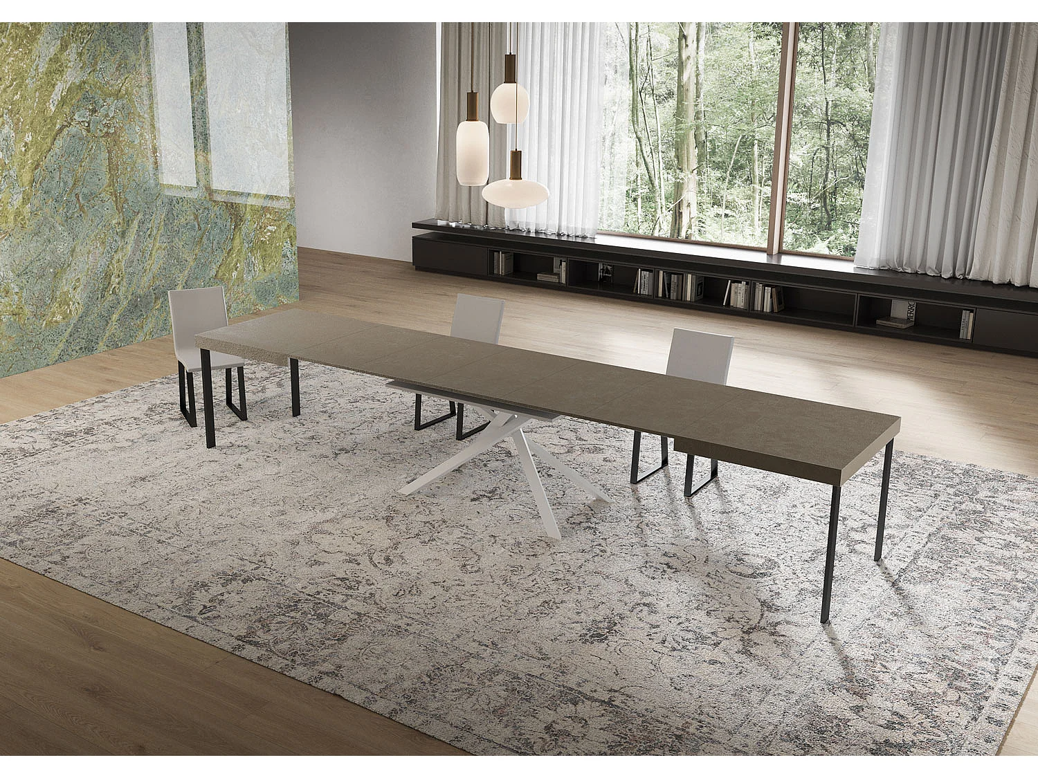 Niket duegråt udtræksbord 160/420x90 cm med hvide ben