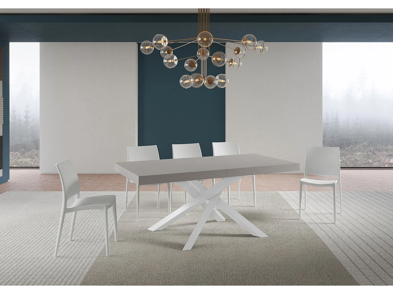 Volantis ausziehbarer Kaschmirtisch 200/460x90 cm mit weißen Beinen