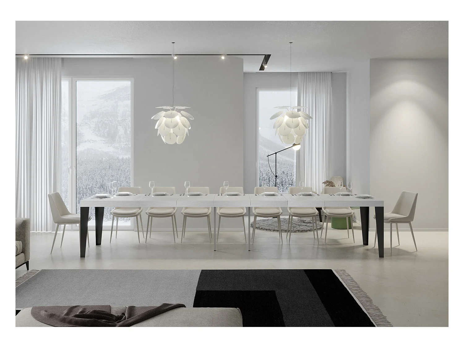 Tavolo allungabile 120/380x90 cm Flame Premium bianco frassino gambe antracite