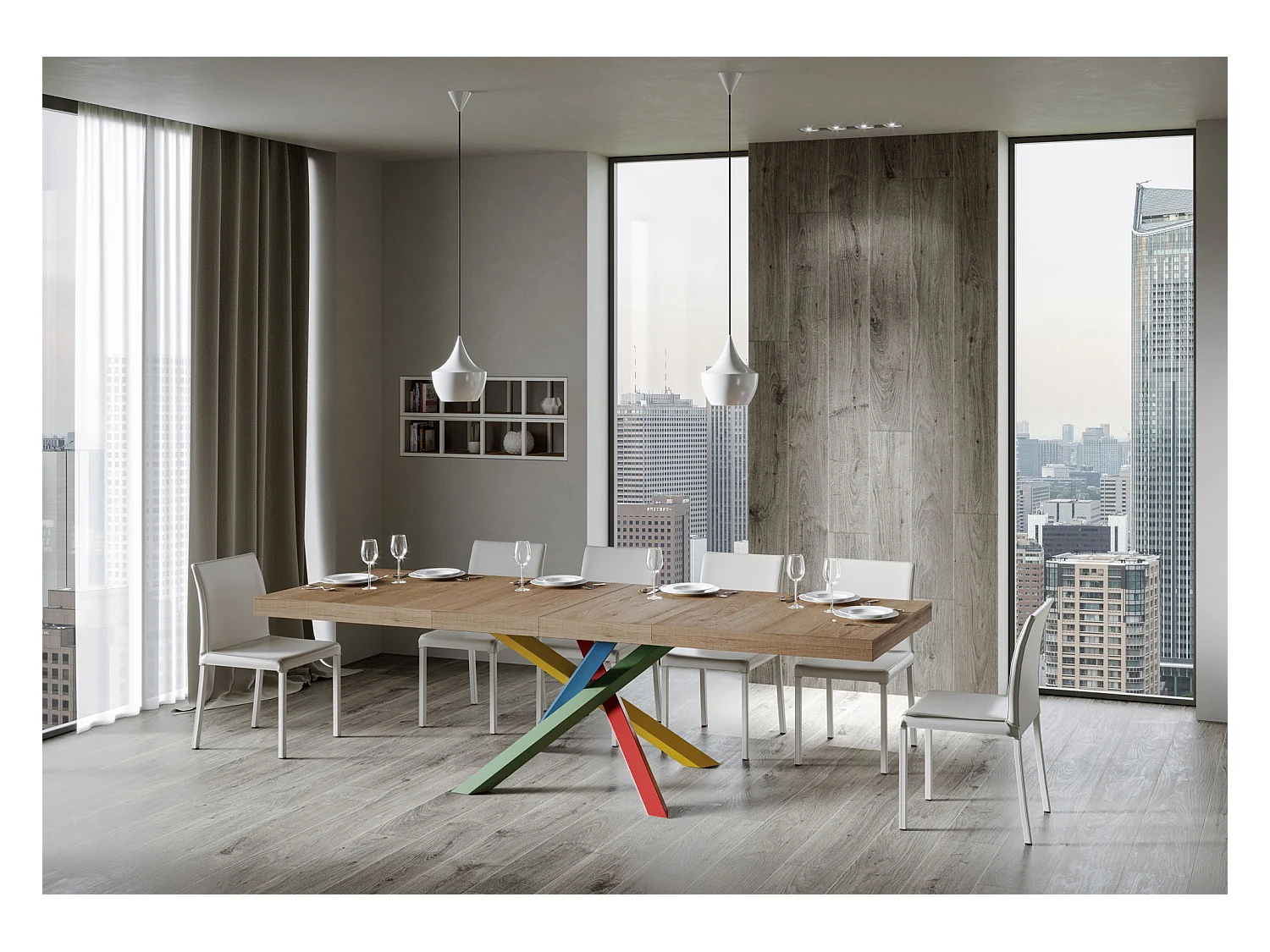 Table extensible 120/380x90 cm Volantis Premium chêne naturel pieds multicolores 4/B