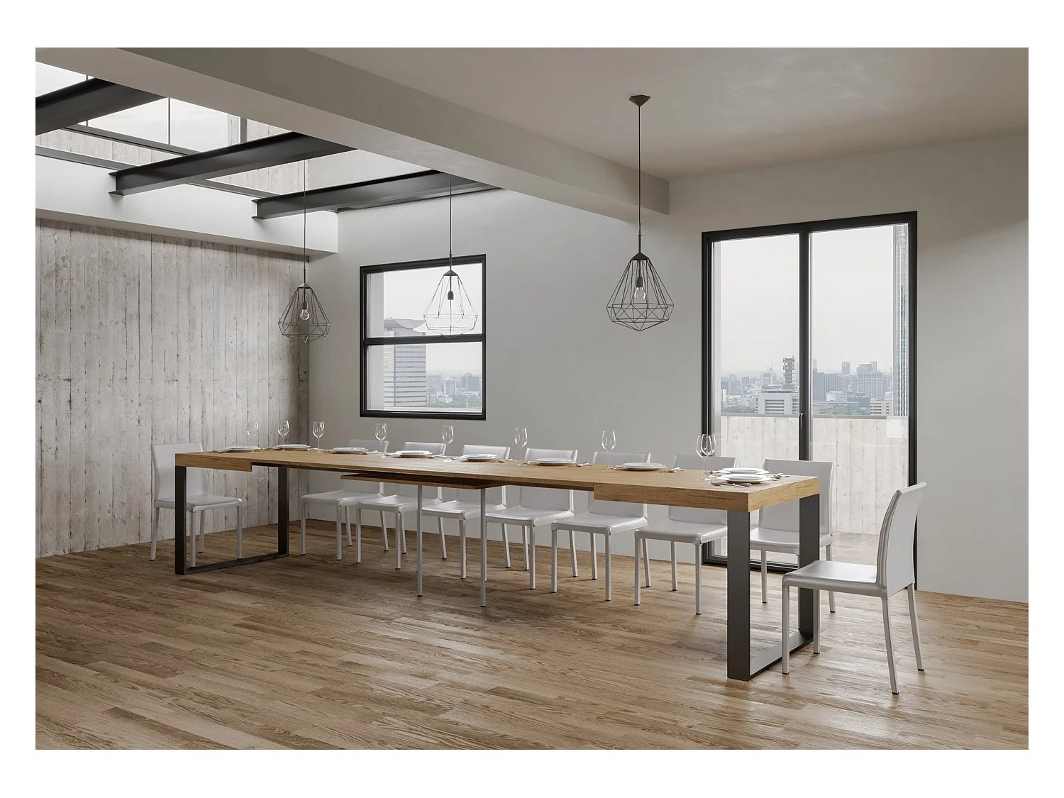 Table extensible 120/380x90 cm Tecno chêne naturel avec pieds anthracite