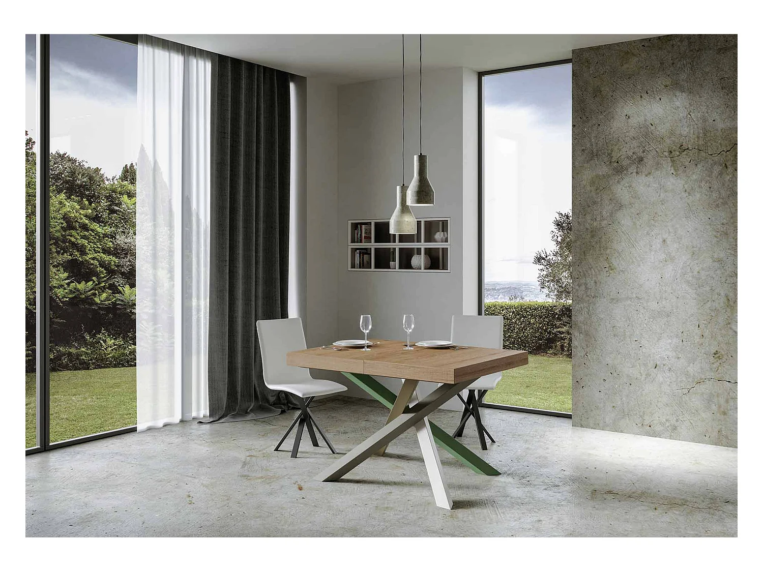 Uitschuifbare tafel 120/380x90 cm Volantis naturel eiken meerkleurige poten 4/A