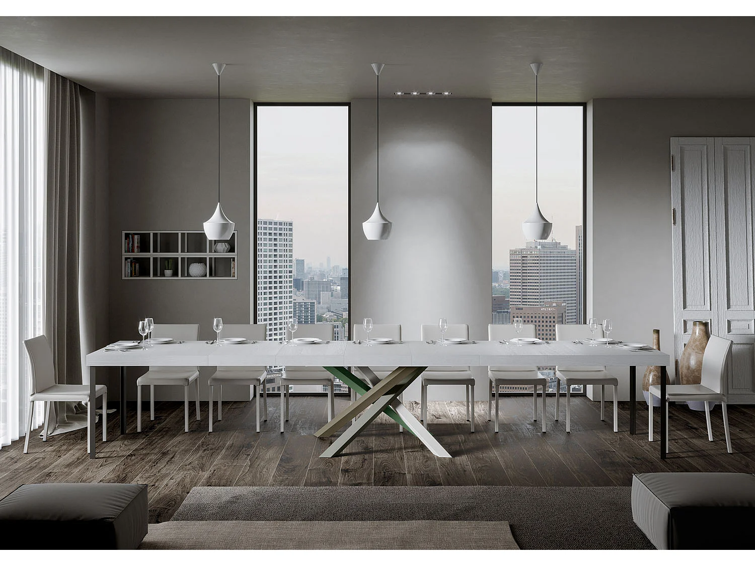 Ausziehtisch 120/380x90 cm Volantis Premium Esche weiß mehrfarbig Beine 4/A