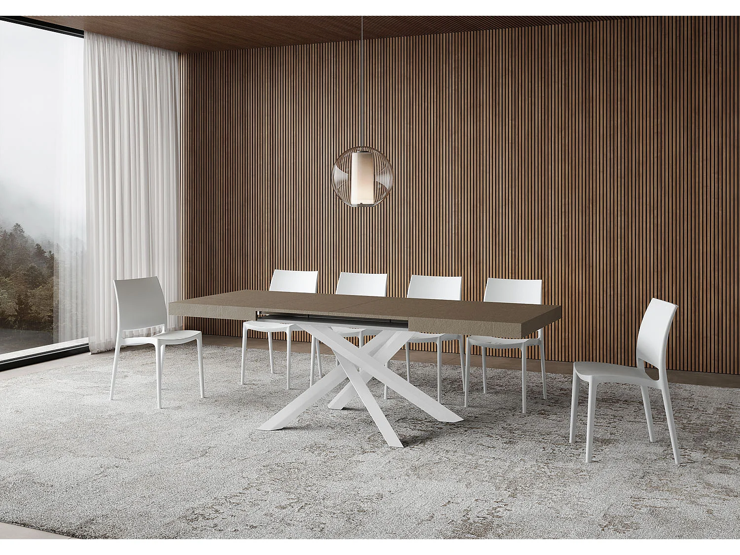 Volantis duifgrijze uitschuifbare tafel 140/400x90 cm met witte poten