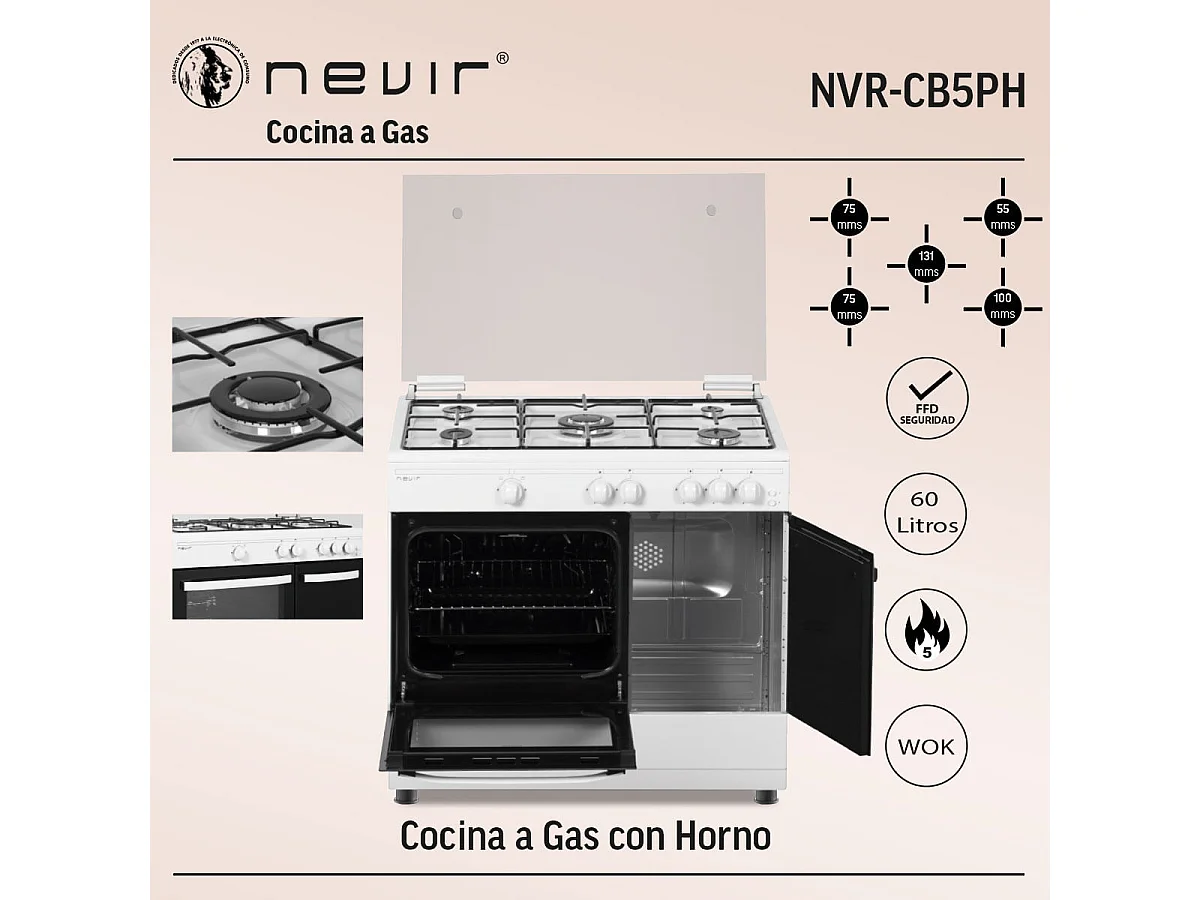 Cocina de gas con horno Nevir NVR-CB5PH 13250W 60L con tapa blanco 85 cm