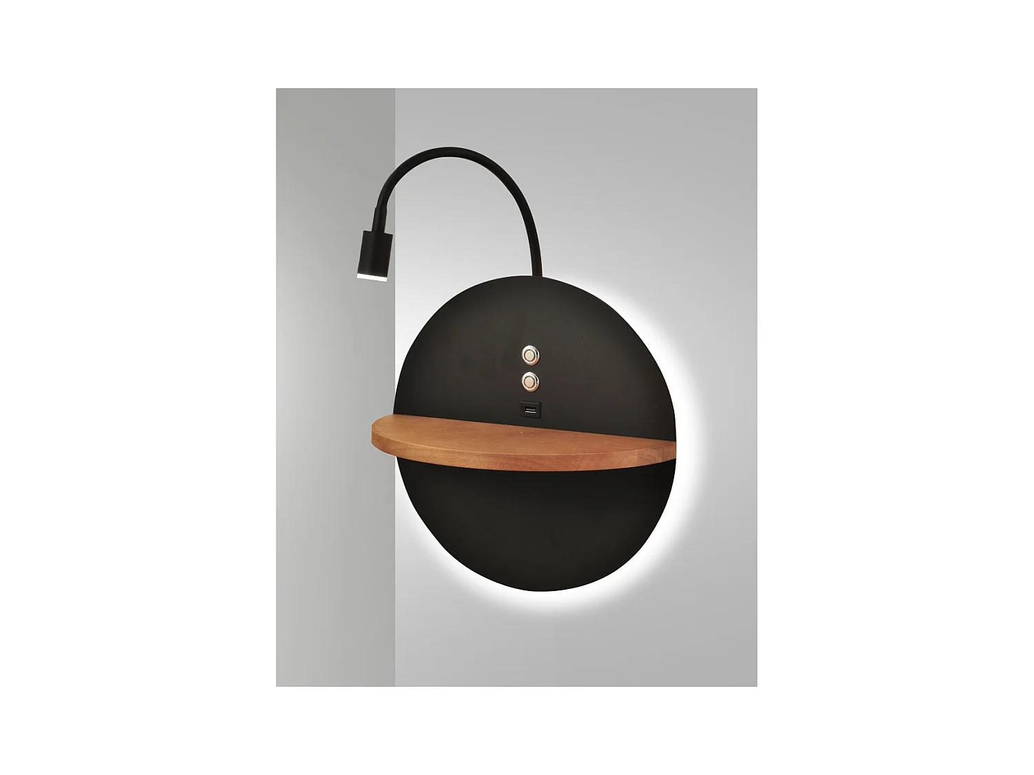 Dual - Applique murale avec étagère et lumière LED 15W Fabas Luce Touch variateur - Noir mat avec bois USB intégré