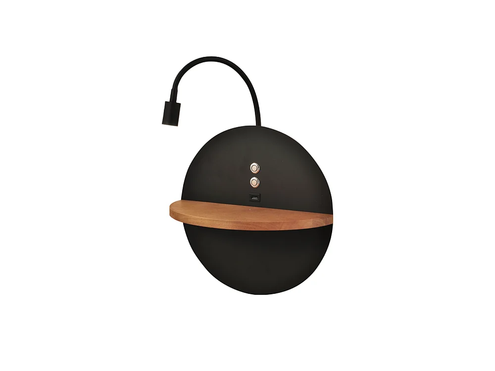 Dual - Wandleuchte mit Ablage und 15W LED-Leuchte Fabas Luce Touch Dimmer - Mattschwarz mit Holz integriertem USB