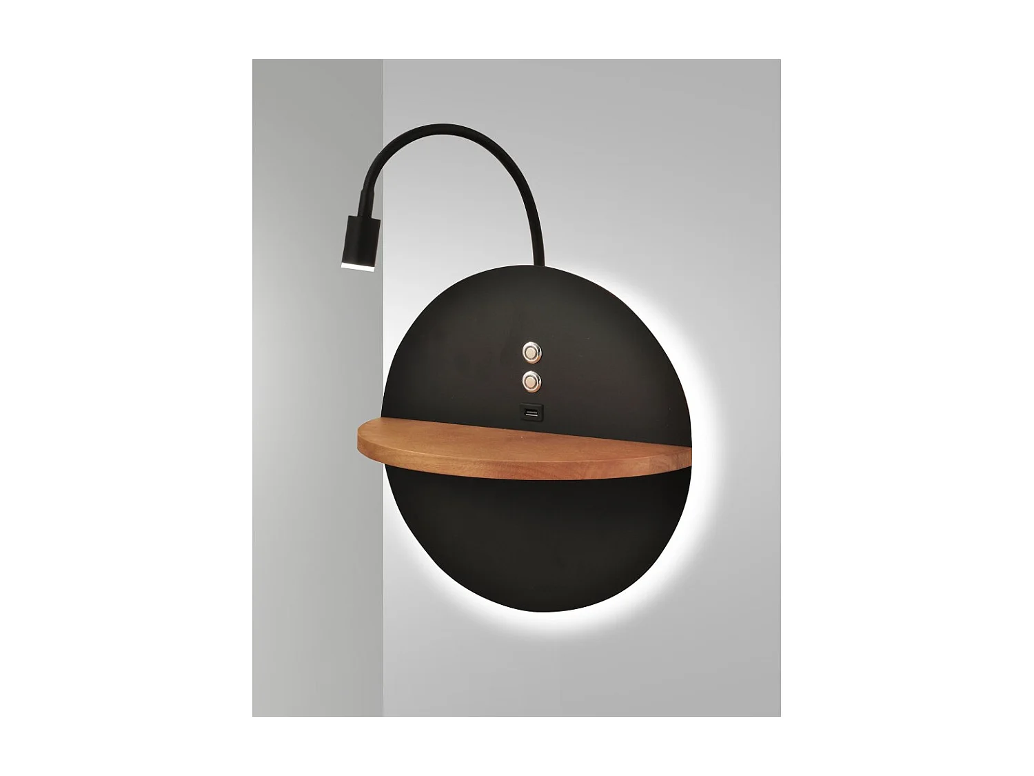 Dual - Applique murale avec étagère et lumière LED 15W Fabas Luce Touch variateur - Noir mat avec bois USB intégré