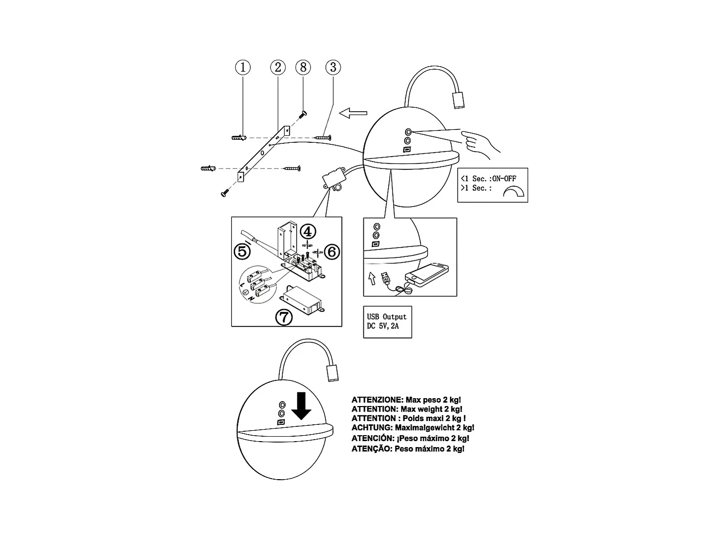 Dual - Applique murale avec étagère et lumière LED 15W Fabas Luce Touch variateur - Noir mat avec bois USB intégré
