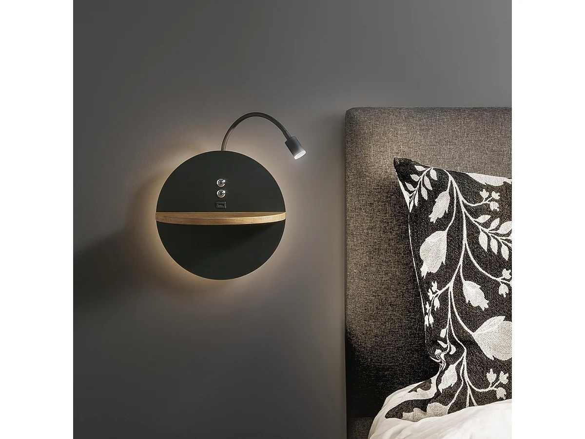 Dual - Applique murale avec étagère et lumière LED 15W Fabas Luce Touch variateur - Noir mat avec bois USB intégré