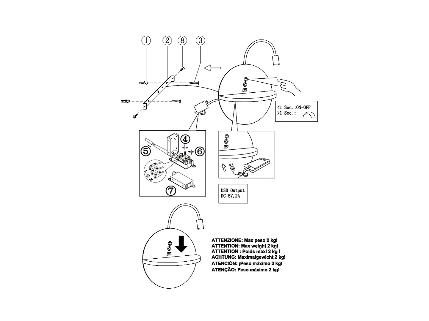 Dual - Applique murale avec étagère et lumière LED 15W Fabas Luce Touch variateur - Noir mat avec bois USB intégré