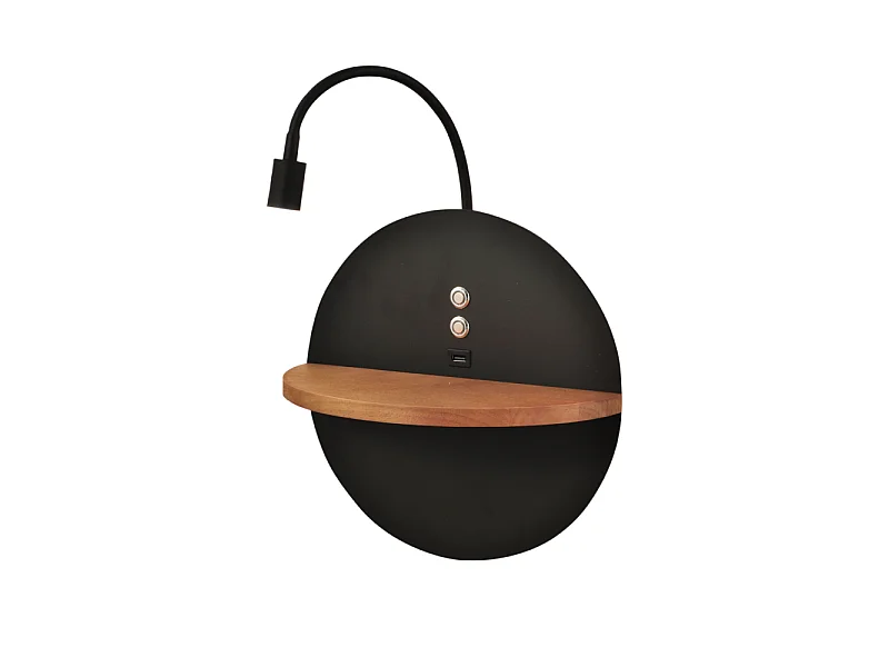 Dual - Applique murale avec étagère et lumière LED 15W Fabas Luce Touch variateur - Noir mat avec bois USB intégré