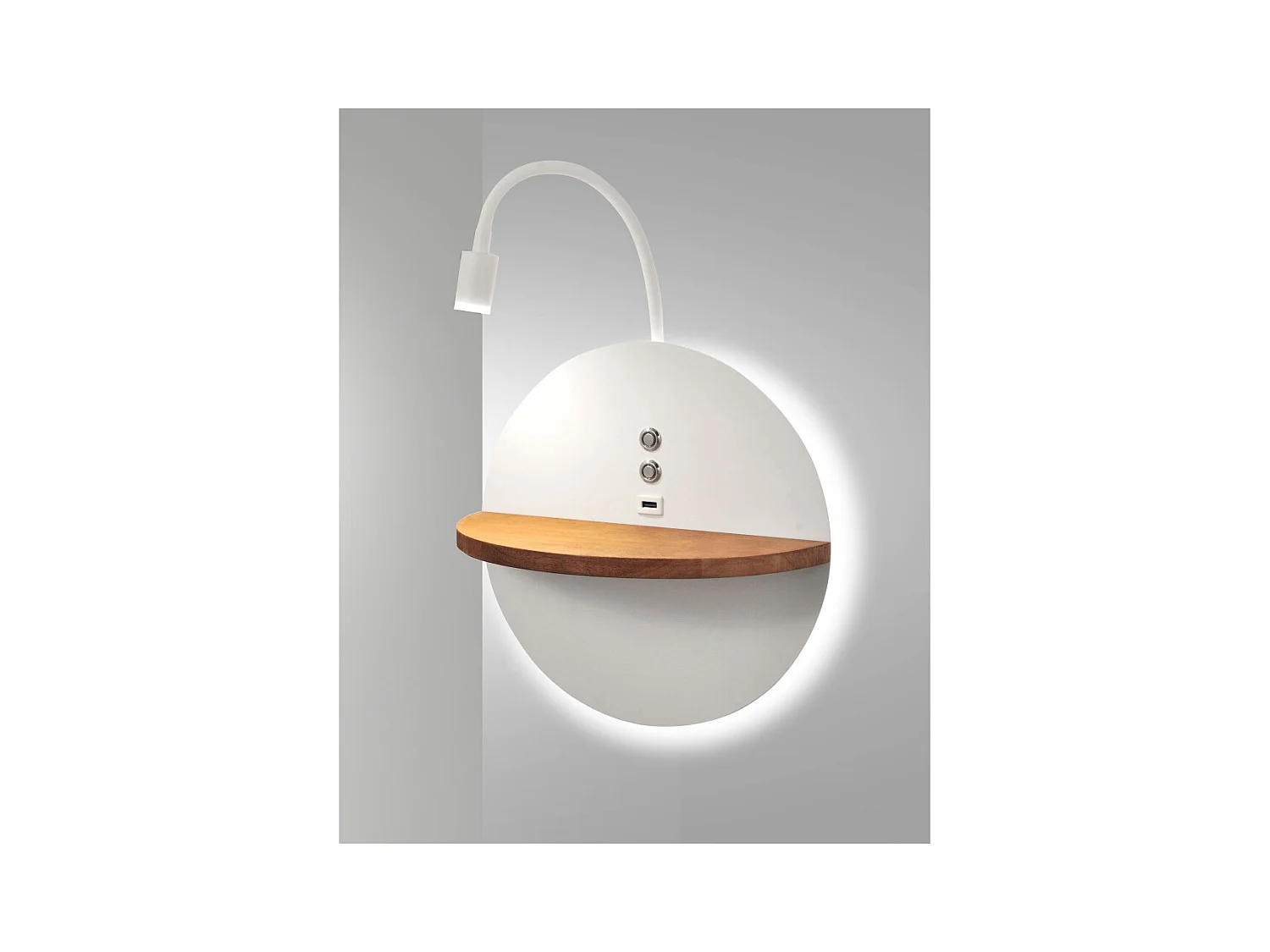 Dual - Wandleuchte mit Ablage und 15W LED-Leuchte Fabas Luce Touch Dimmer - Mattweiß mit Holz integriertem USB