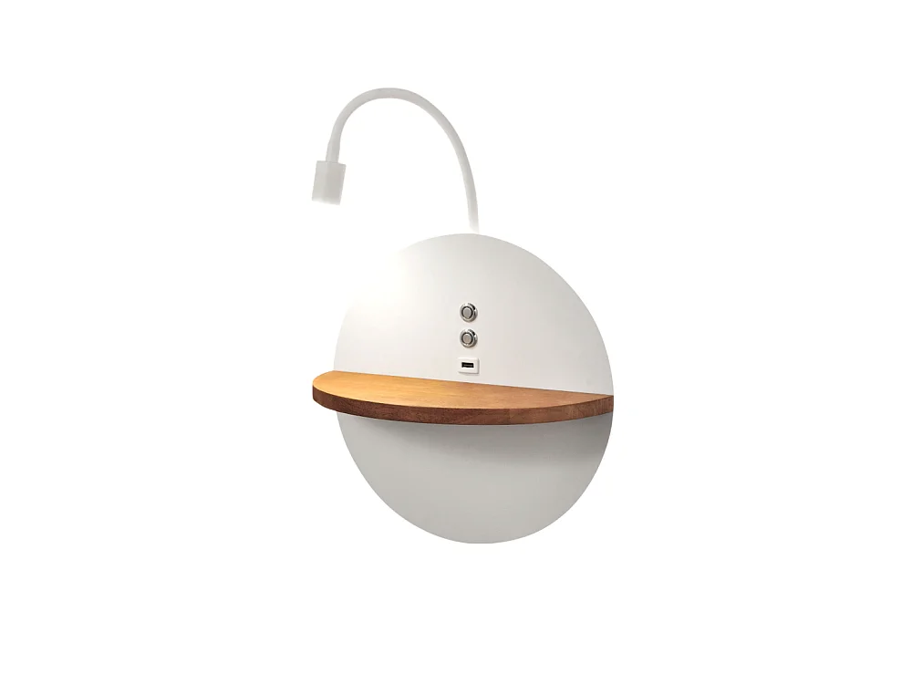 Dual - Applique murale avec étagère et lumière LED 15W Fabas Luce Touch variateur - Blanc mat avec bois USB intégré