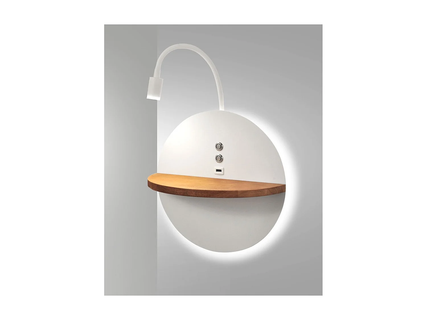 Dual - Wandleuchte mit Ablage und 15W LED-Leuchte Fabas Luce Touch Dimmer - Mattweiß mit Holz integriertem USB