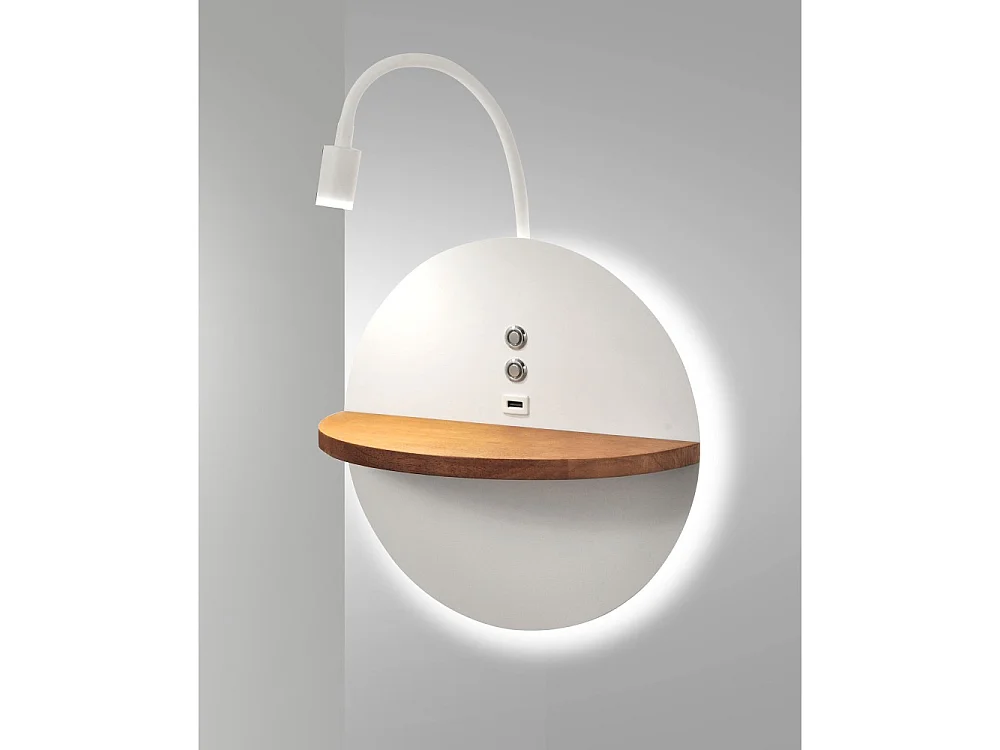 Dual - Kinkiet z półką i oświetleniem LED 15W Fabas Luce Ściemniacz dotykowy - Matowa biel z wbudowanym portem USB w kolorze drewna