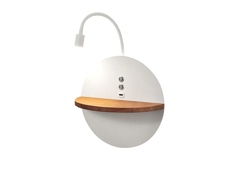 Dual - Applique murale avec étagère et lumière LED 15W Fabas Luce Touch variateur - Blanc mat avec bois USB intégré