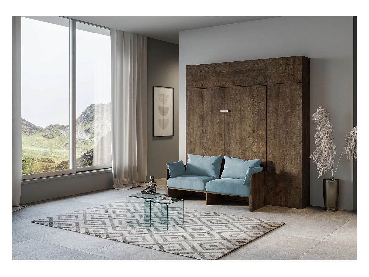 Kentaro 160 cm Klappbett für Doppelbett mit Sofa und Möbeln aus Walnussholz, hellblau