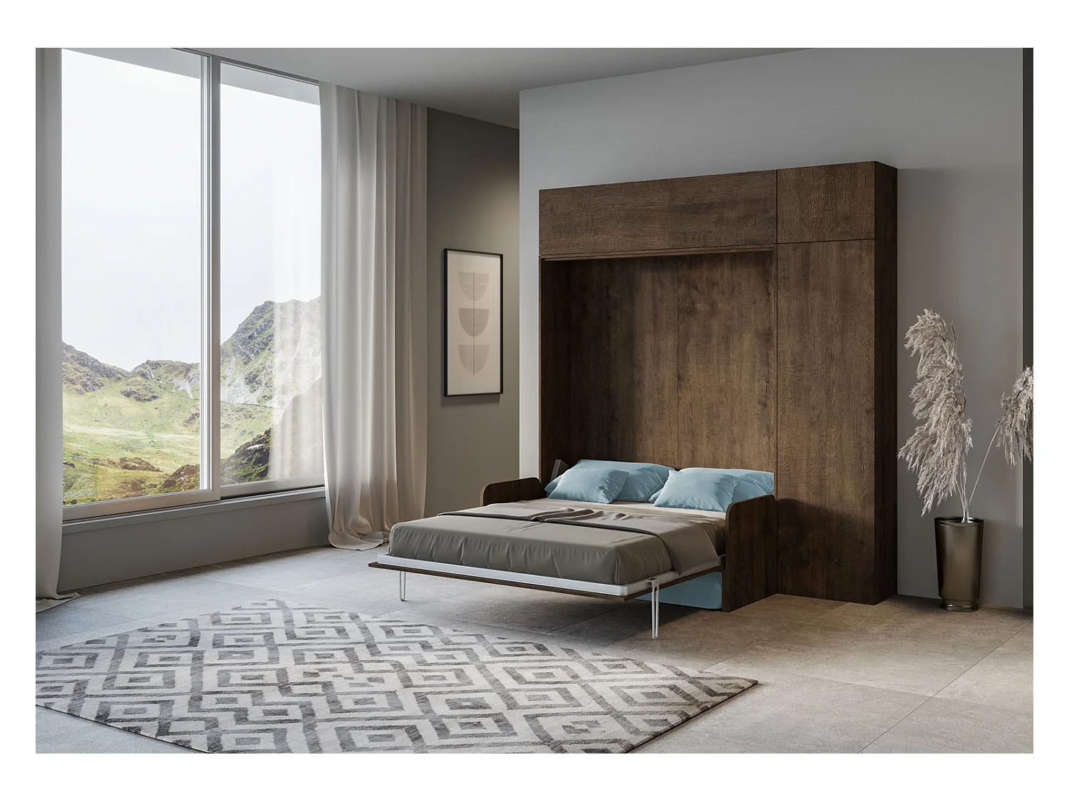 Kentaro 160 cm Klappbett für Doppelbett mit Sofa und Möbeln aus Walnussholz, hellblau