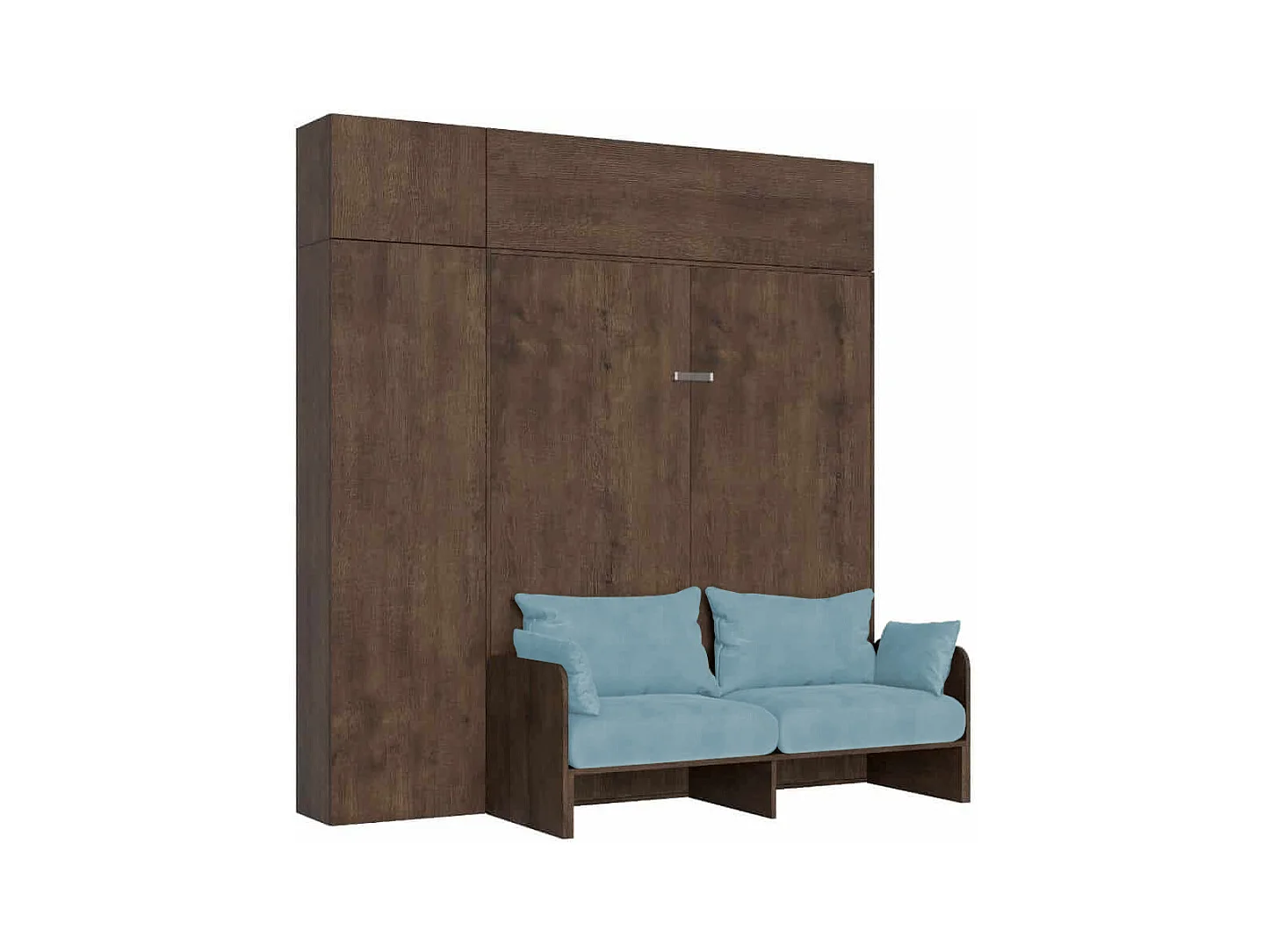 Lit double escamotable Kentaro 160 cm avec canapé et meubles en noyer, bleu clair