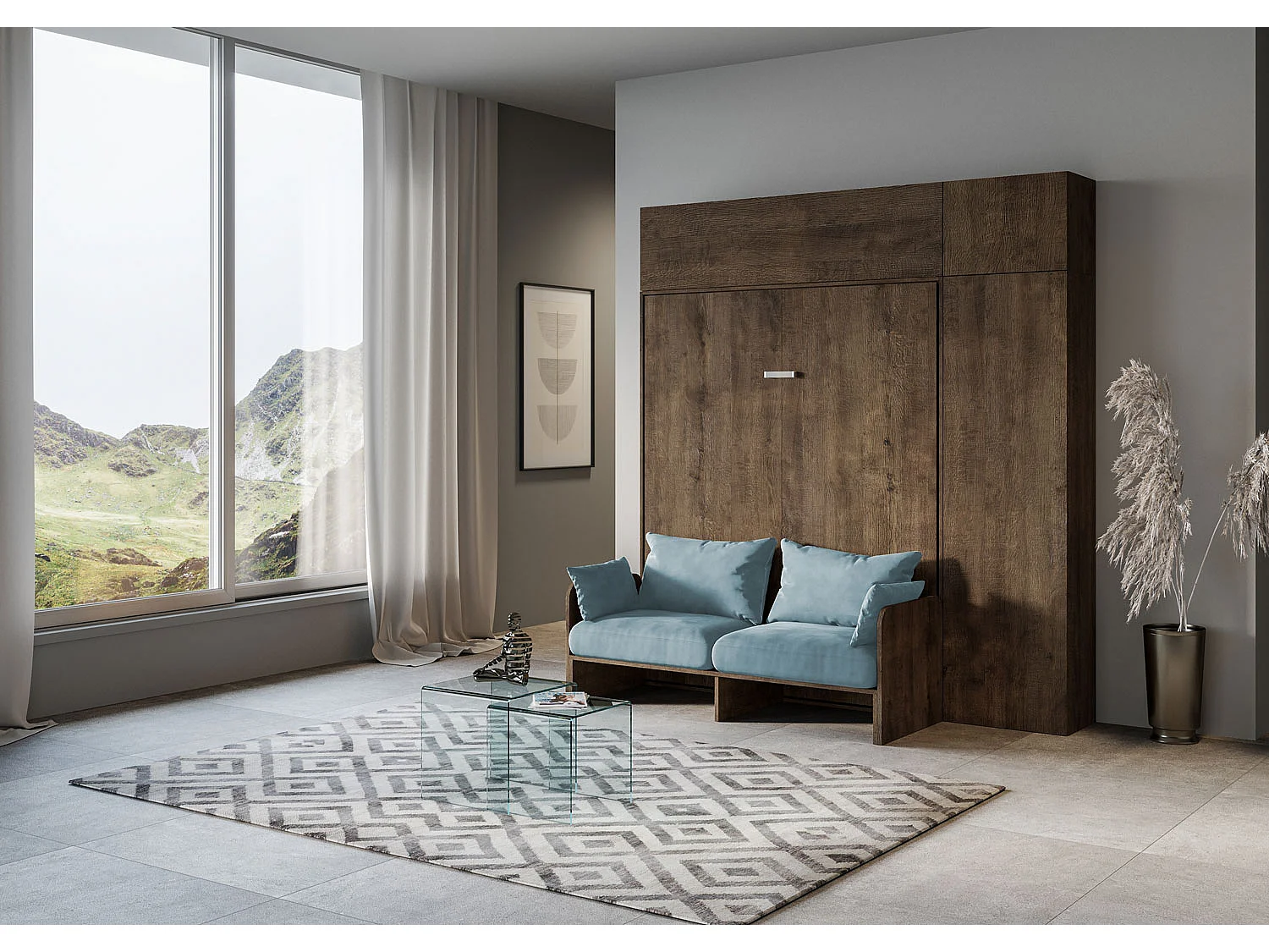 Kentaro 160cm opklapbed tweepersoonsbed met bank en notenhouten meubelen, lichtblauw