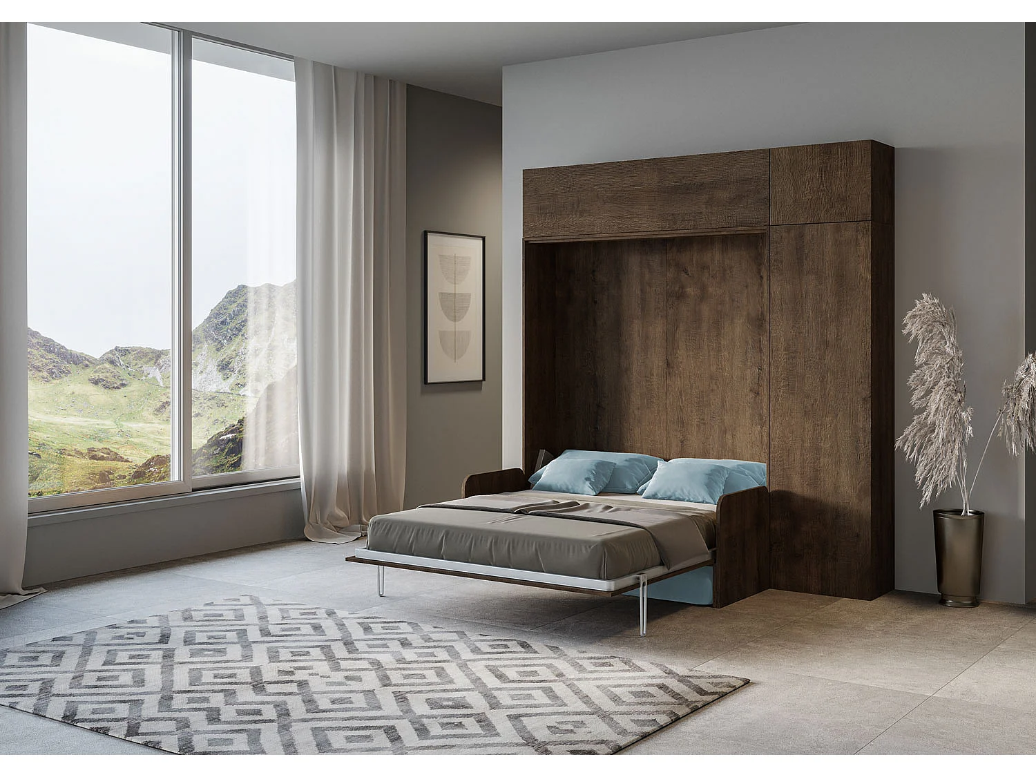 Kentaro 160cm opklapbed tweepersoonsbed met bank en notenhouten meubelen, lichtblauw