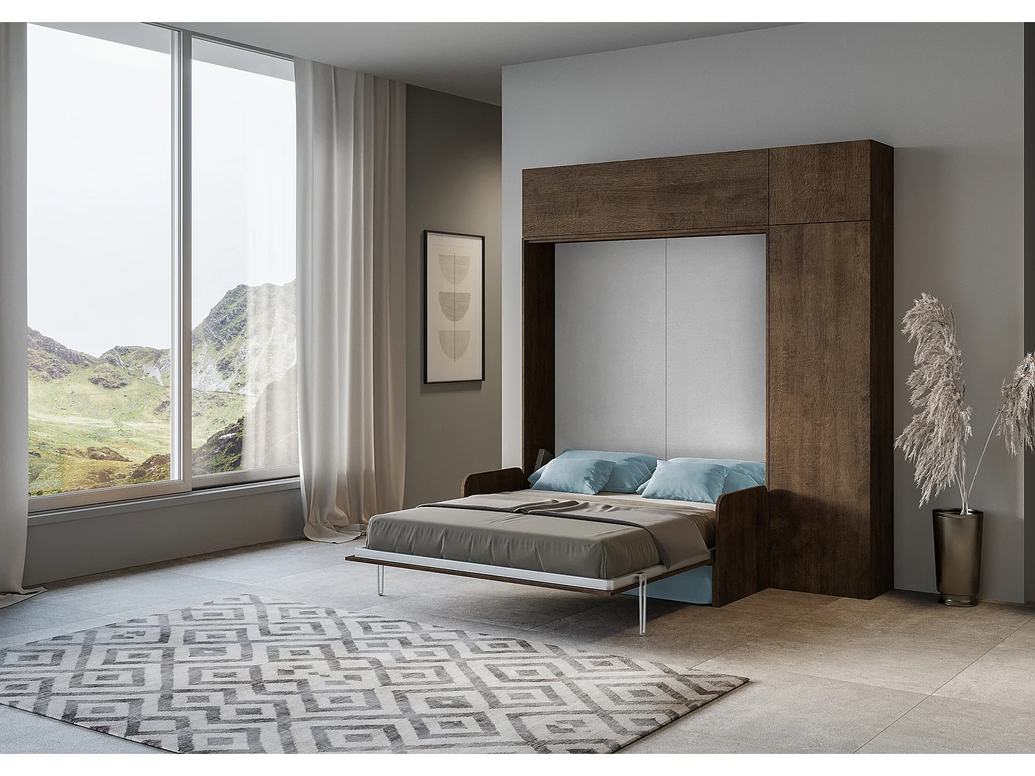 Kentaro 160cm opklapbed tweepersoonsbed met bank en notenhouten meubelen, lichtblauw