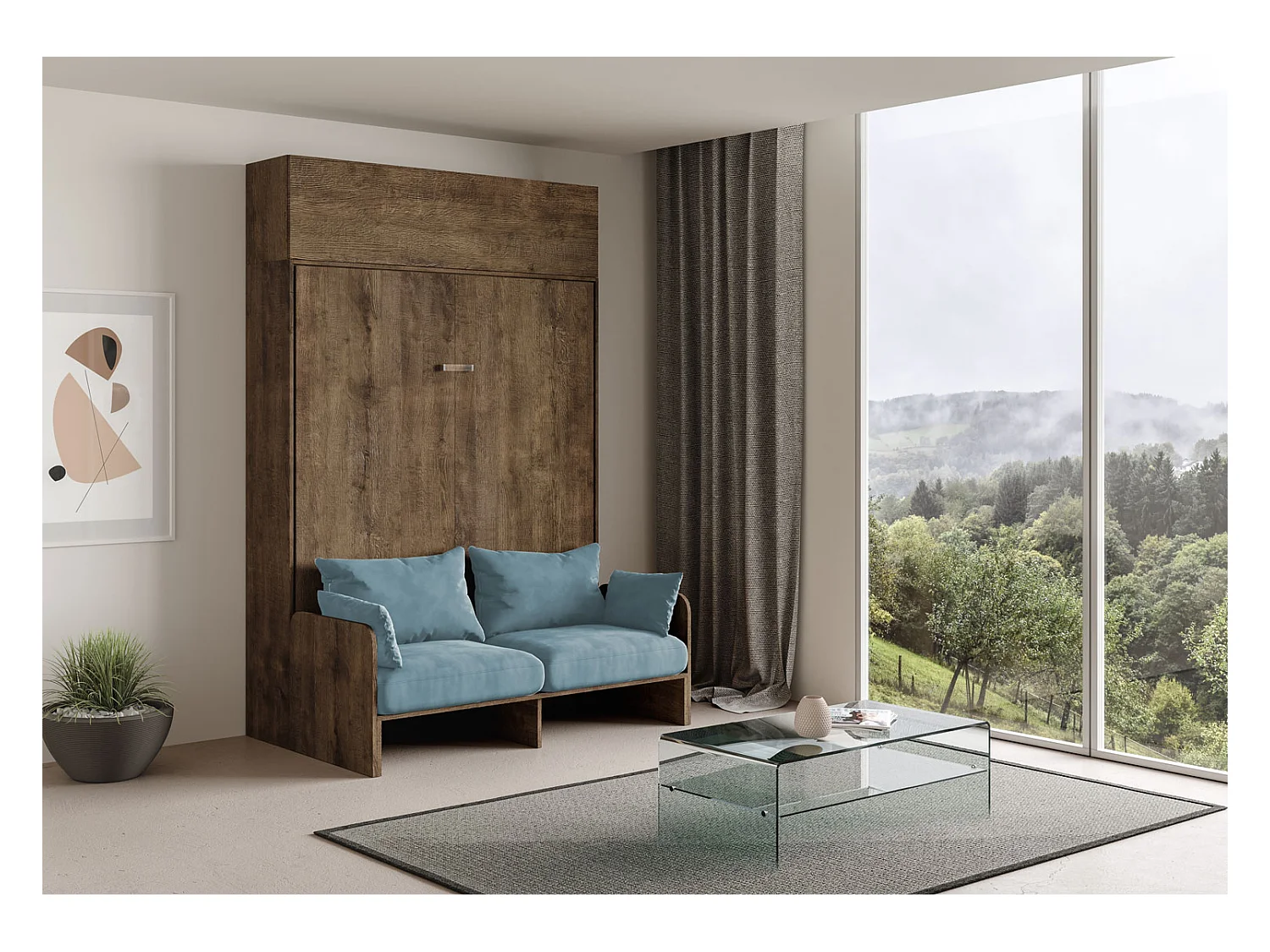 Kentaro 160 cm łóżko składane podwójne z sofą i orzechową szafką ścienną, jasnoniebieski